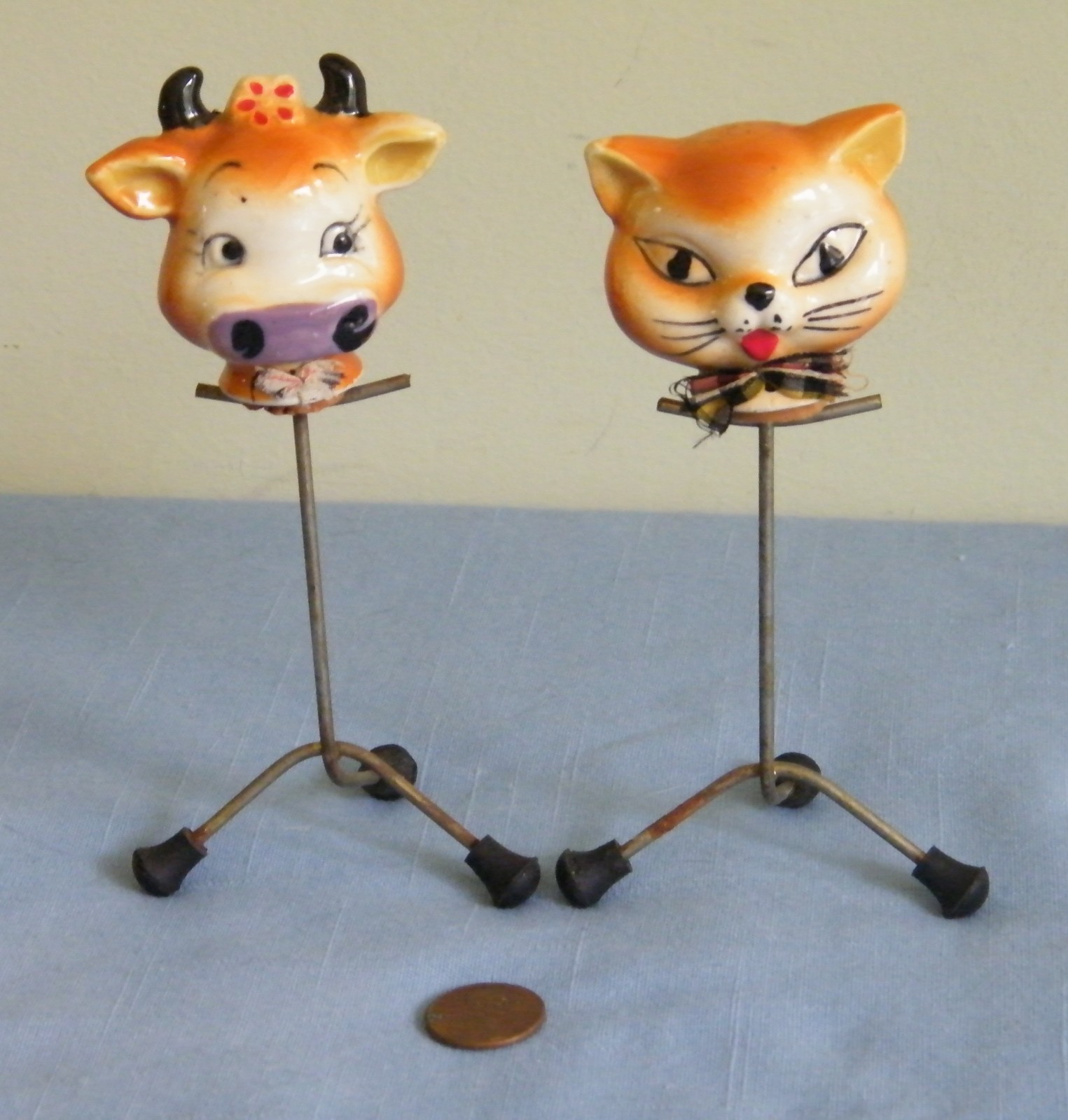 Vintage Ceramic Cow & Cat Head w/Wire Bodies ~ Salt & Pepper Shaker Holders