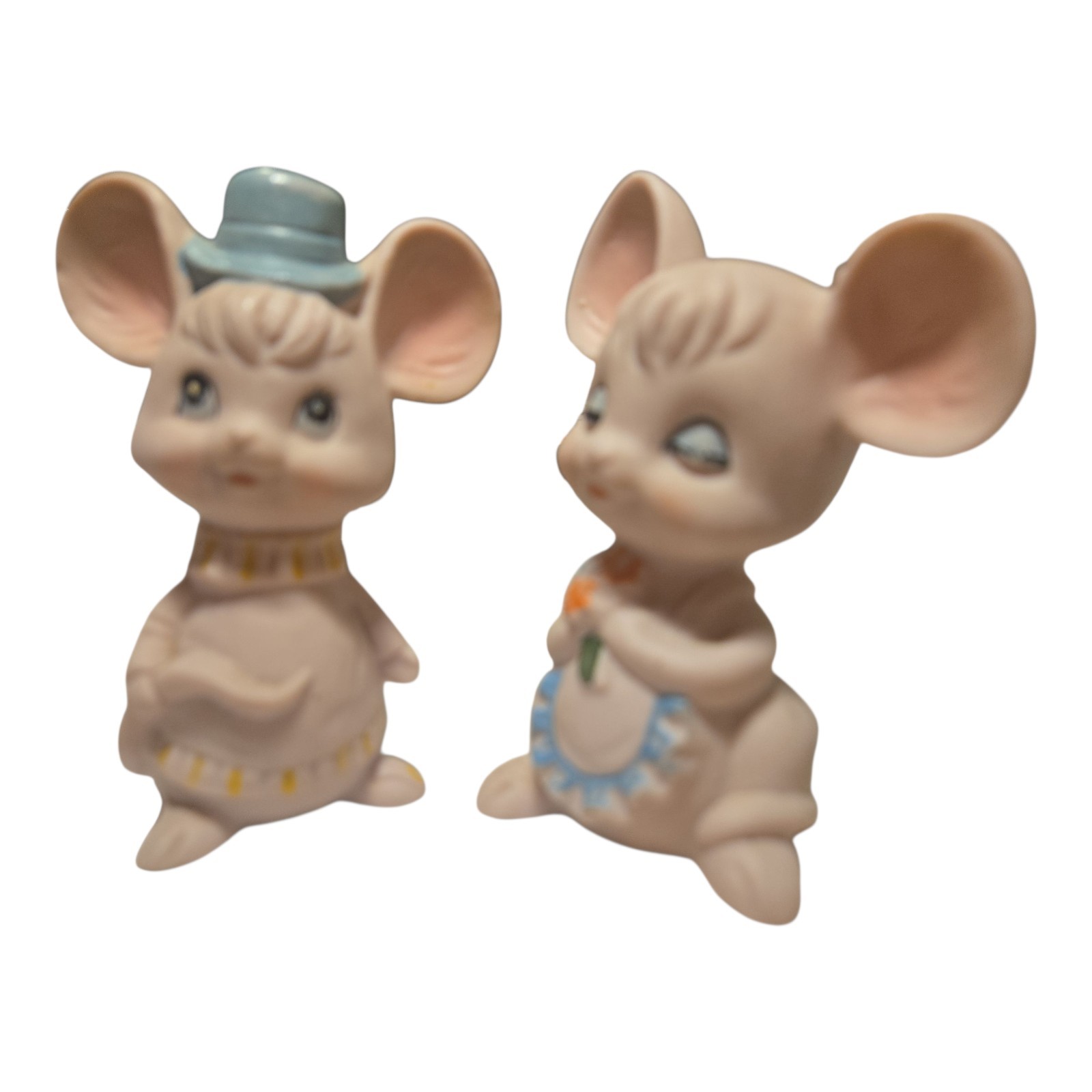 ​VINTAGE Bisque Ceramic Mouse Couple Figurines Boy in Hat Girl with Flowers Mice