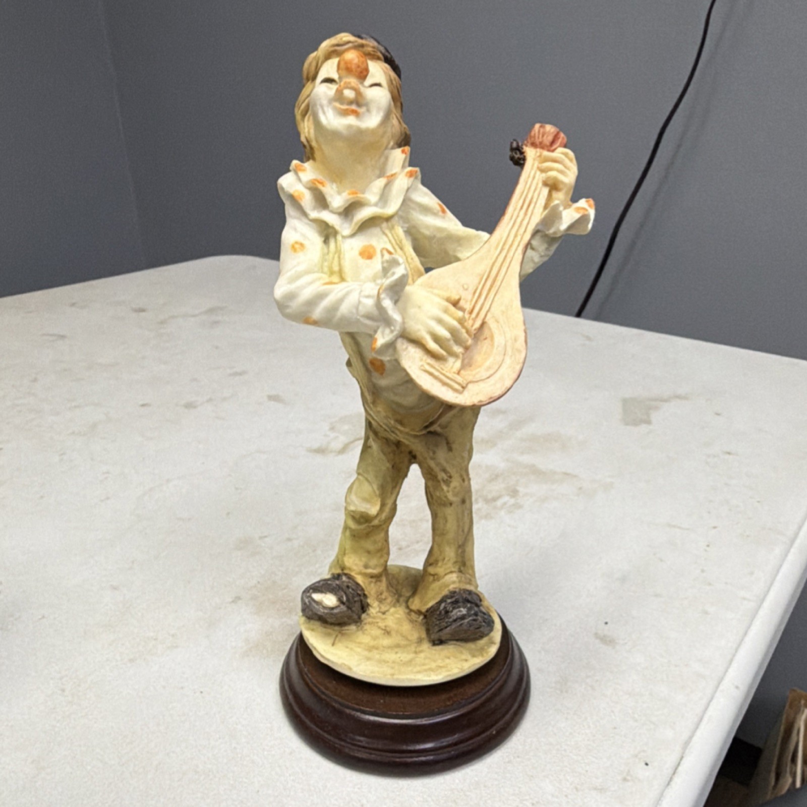 Resin Figurine Hand Painted Clown Mandolin Beige Brown Orange Matte Wood Base