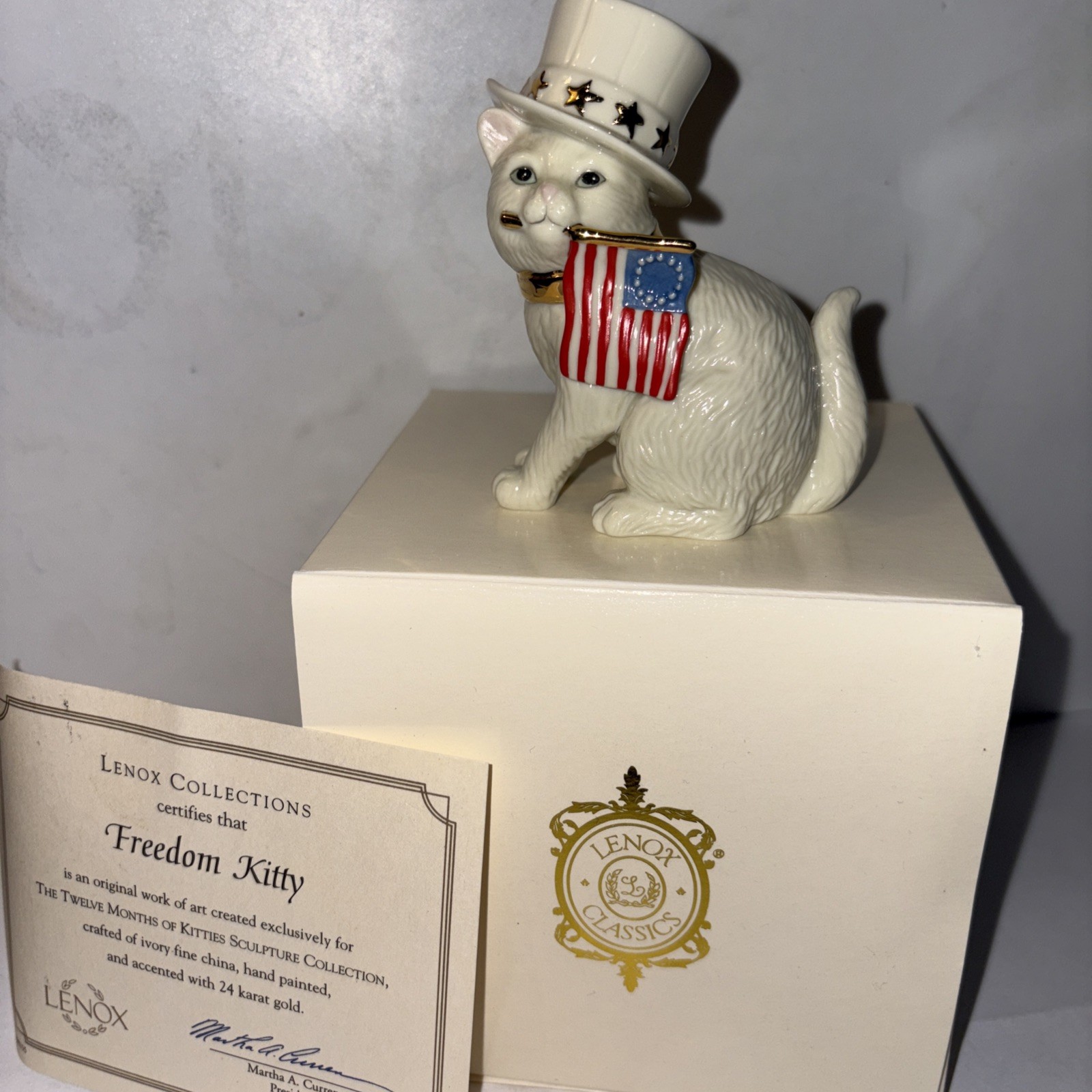 Vintage Lenox 24K Freedom Kitty Independence Day Cat With Flag Figurine