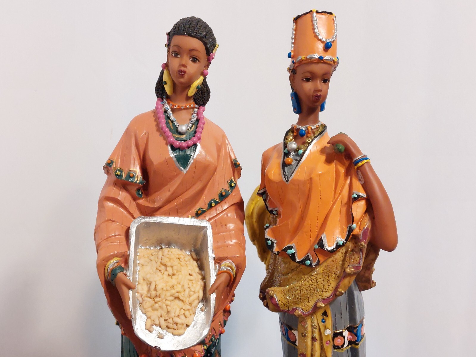 VINTAGE PAIR OF BEAUTIFUL ETHNIC AFRICAN WOMEN 13″ FIGURINE STATUES WOOD & BONE