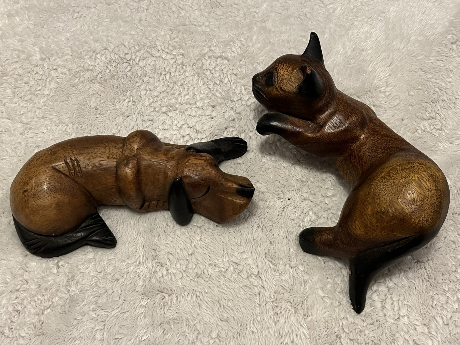 Vintage Sleeping Wood Dog & Wood Cat Shelf Sitter Hand Crafted in Thailand