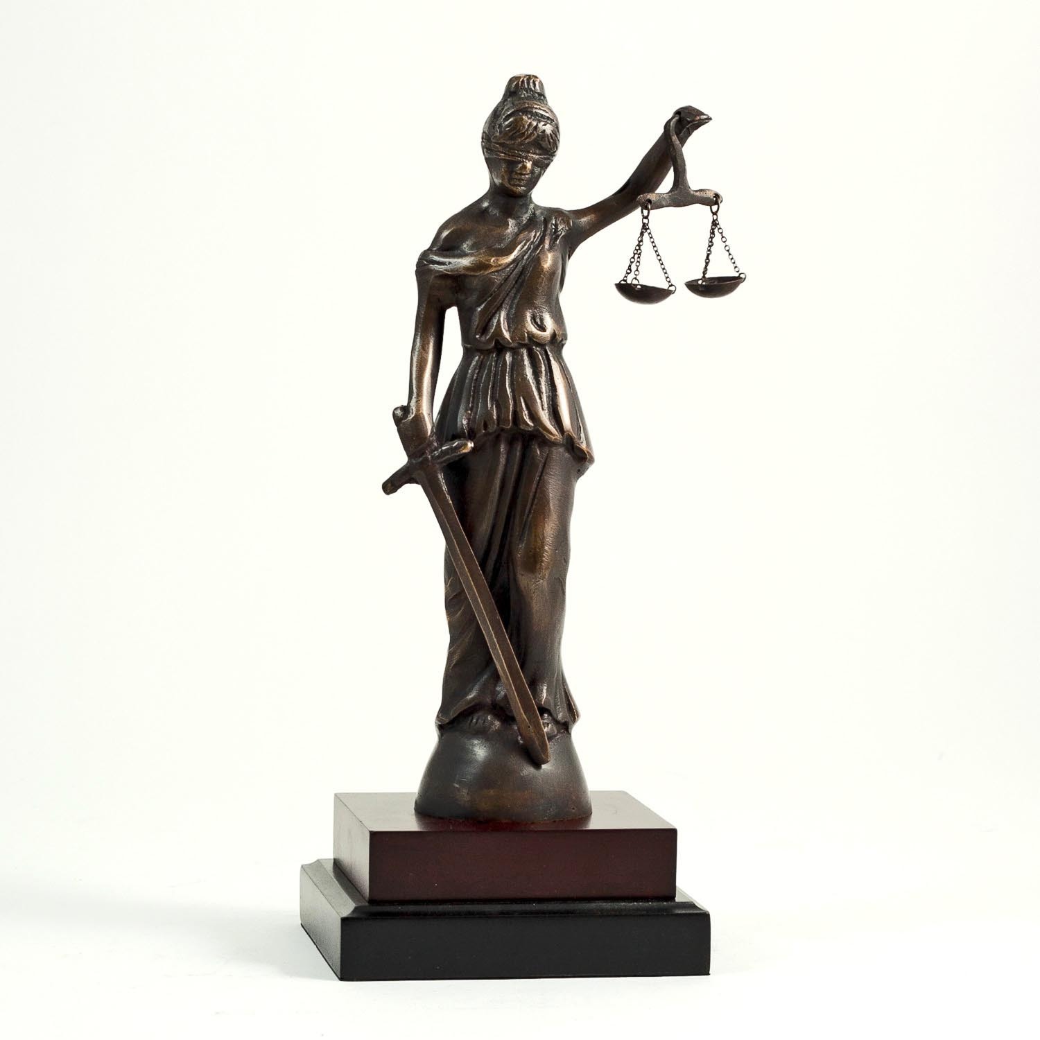 BLINDFOLDED LADY JUSTICE SCULPTURE ON WOOD BASE – LAWYERS & LEGAL
