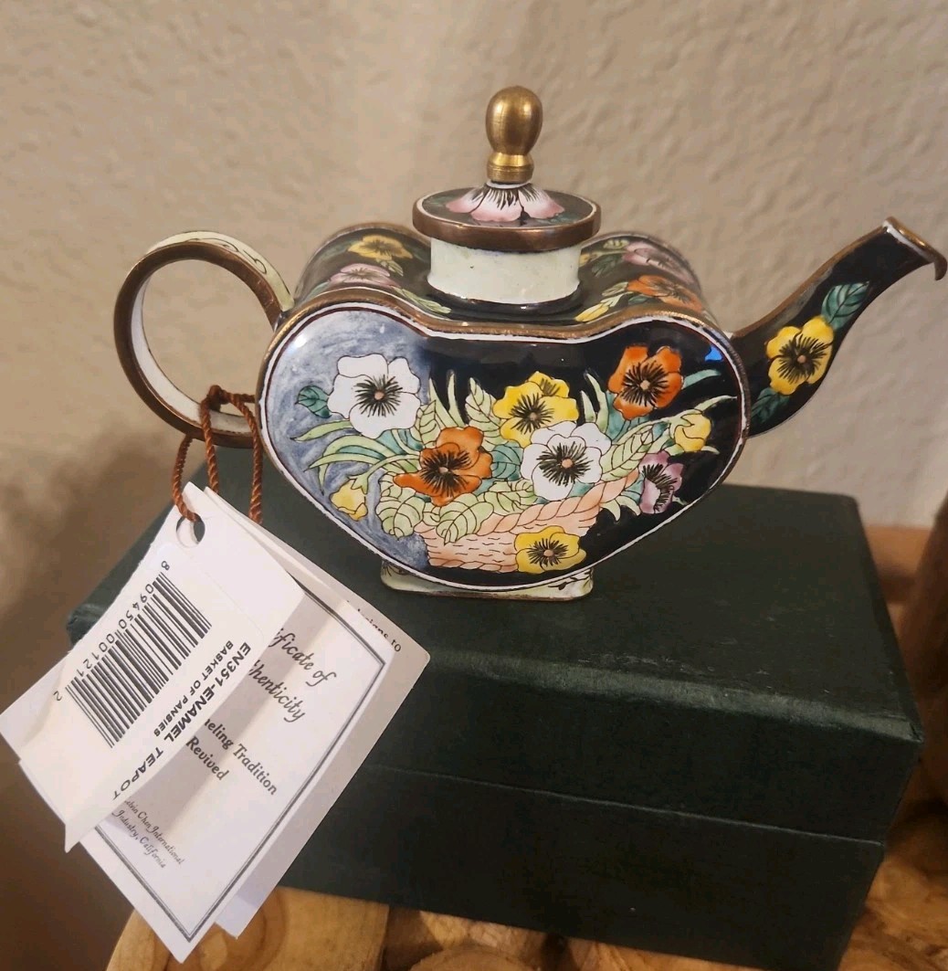 NOS Kelvin Chen Miniature Enamel Decorative Teapot Floral in Box