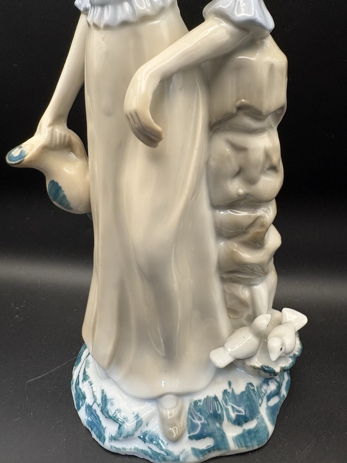 Vintage Porcelain Lady Figurine with Bird & Doves, Blue Dress, 11” Tall Collect