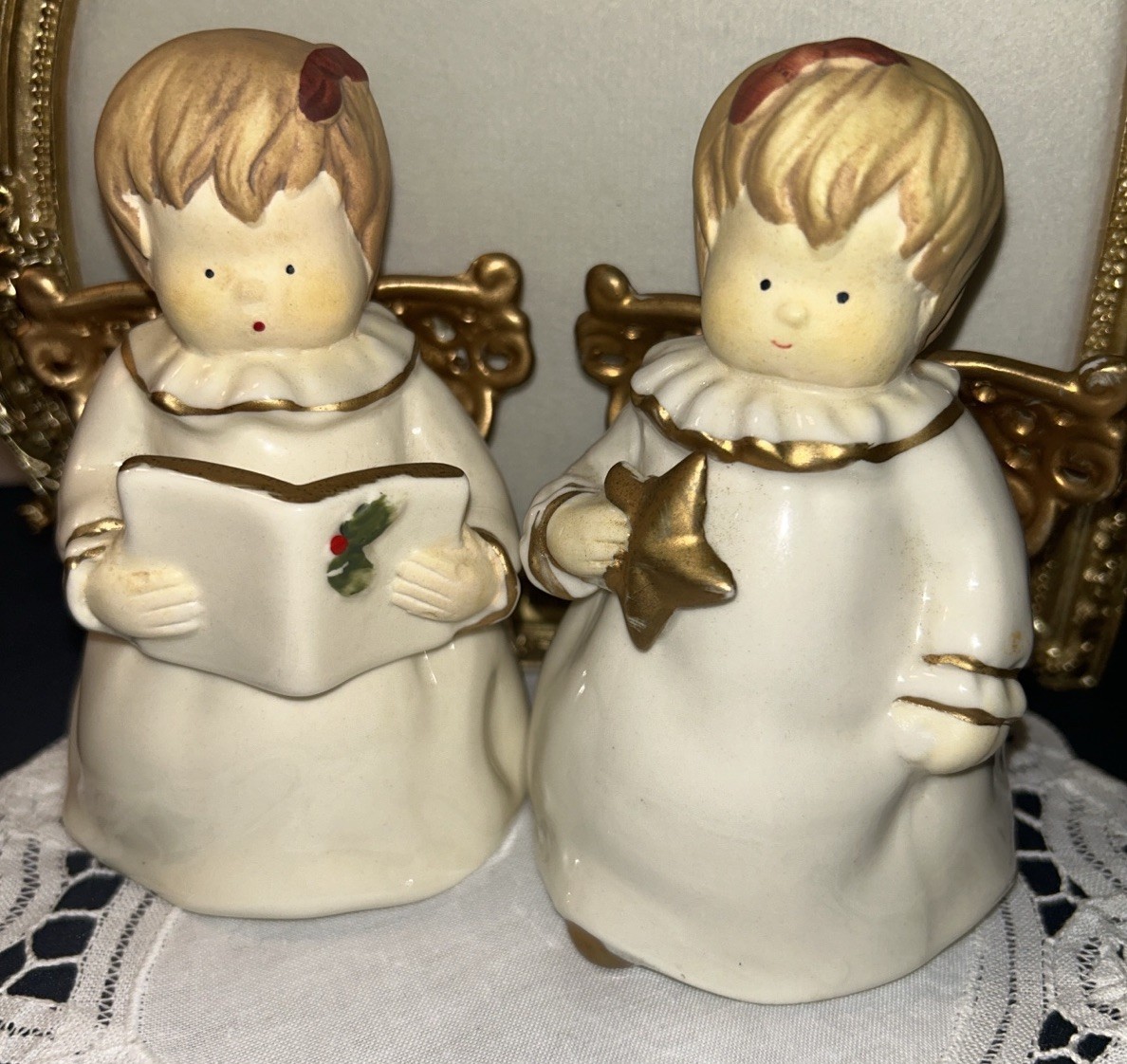 Set Of 2 Merry Brite Porcelain Angel Figurines, Gold Wings, Songbook & Star 4.5”