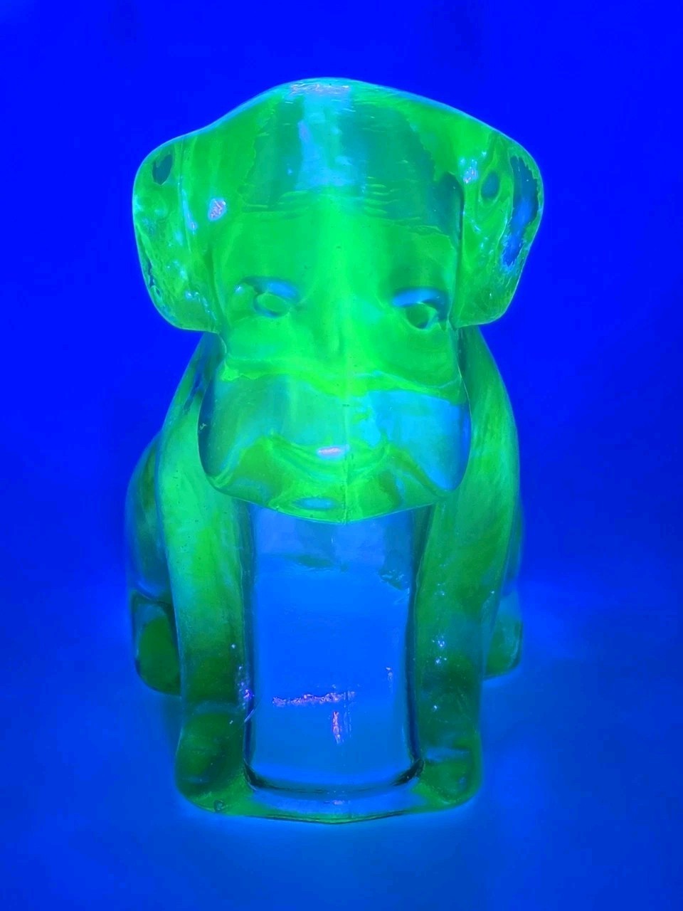 VTG Degenhart Glass “Pooch” Puppy Dog Figurine – Teal / Smokey Blue (UV Glow)