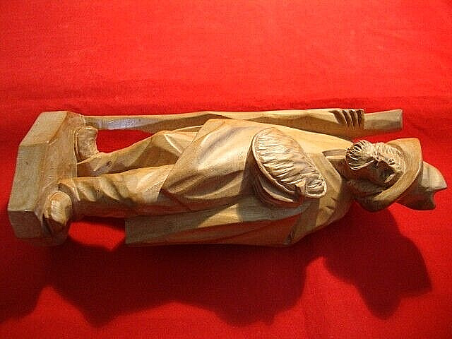 Vintage Hand Carved Wood Folk Art Peasant Man w/Staff and Basket 4″ X 8″