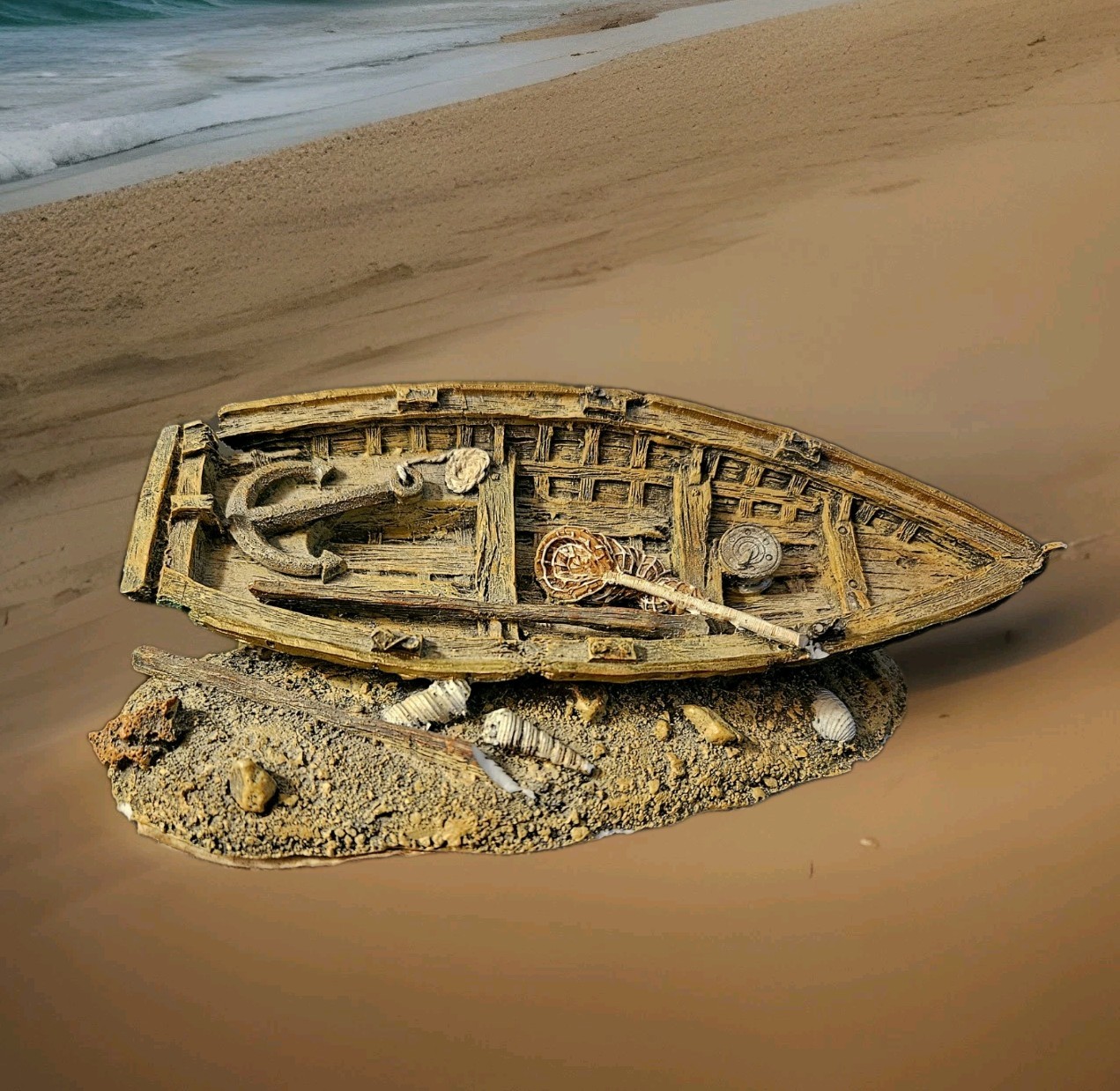 Vintage S.S. Sarna Fisherman’s Rowboat Beached Handmade Resin Sculpture India 7″