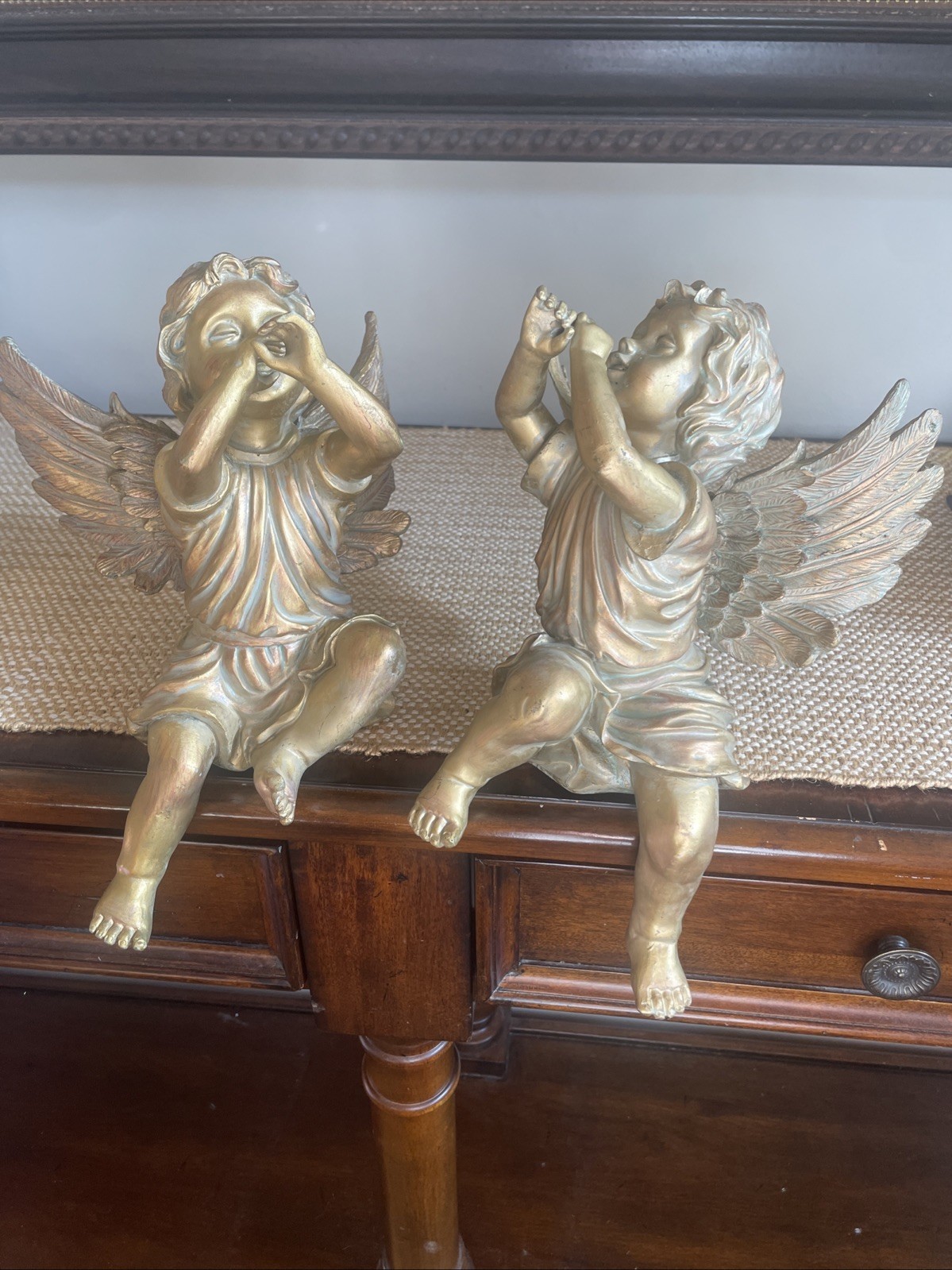 Pair Of Gold Heavy Resin Trumpeting Cherub Angels w/Wings Renaissance Sculptures