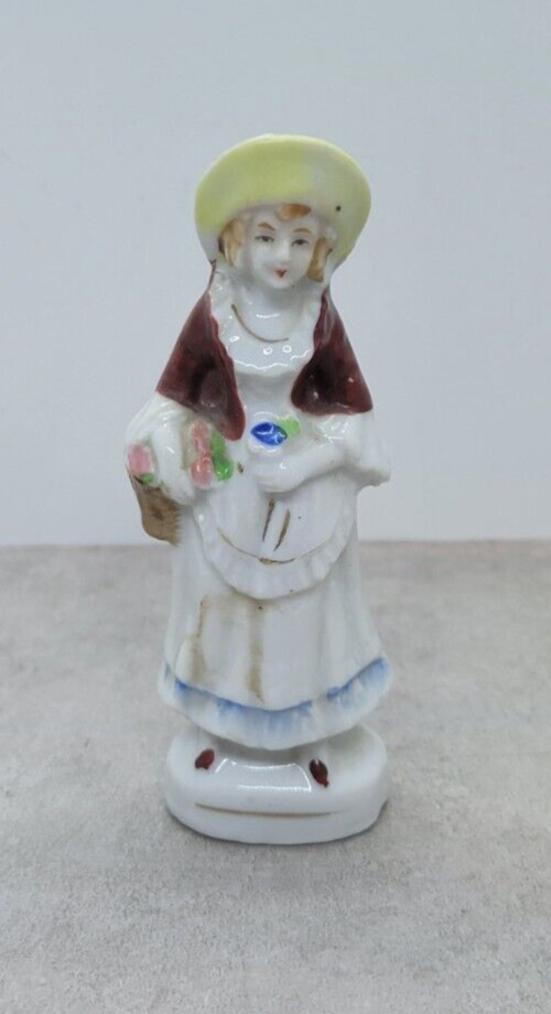 Japan Victorian Colonial Porcelain Figurine Woman Flowers Basket Hat Vintage 5″
