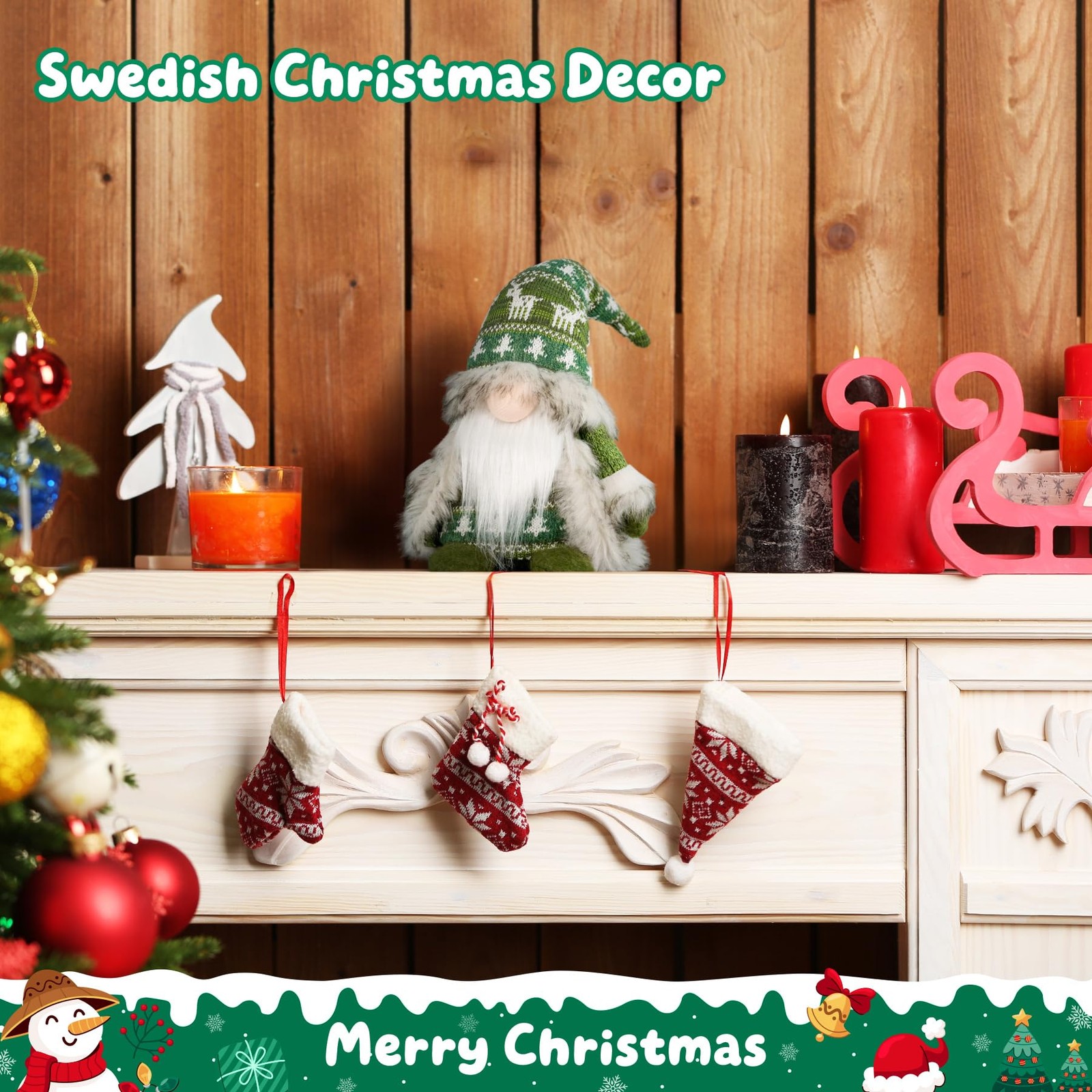 Gnome Christmas Decorations – Plush Nordic Figurine with Green Reindeer Knit …