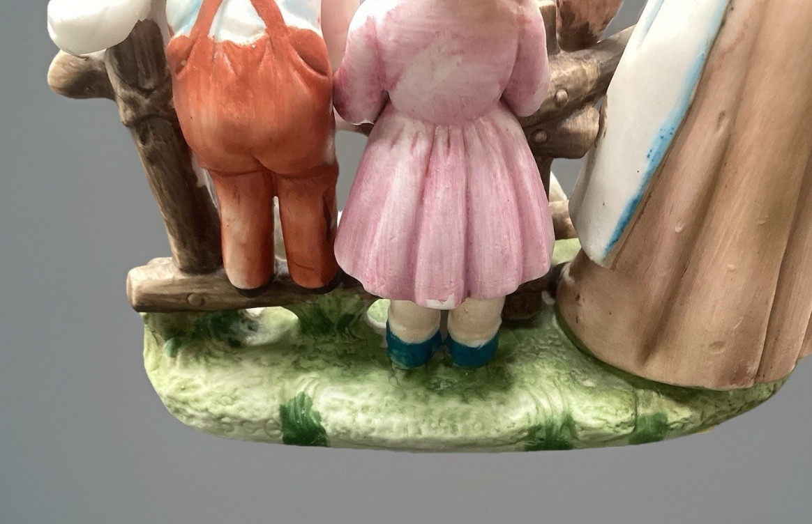 Vtg Lady and Kids Feeding Rabbits Figurine 6″ x 6″ As Is Ceramic Korea Decor