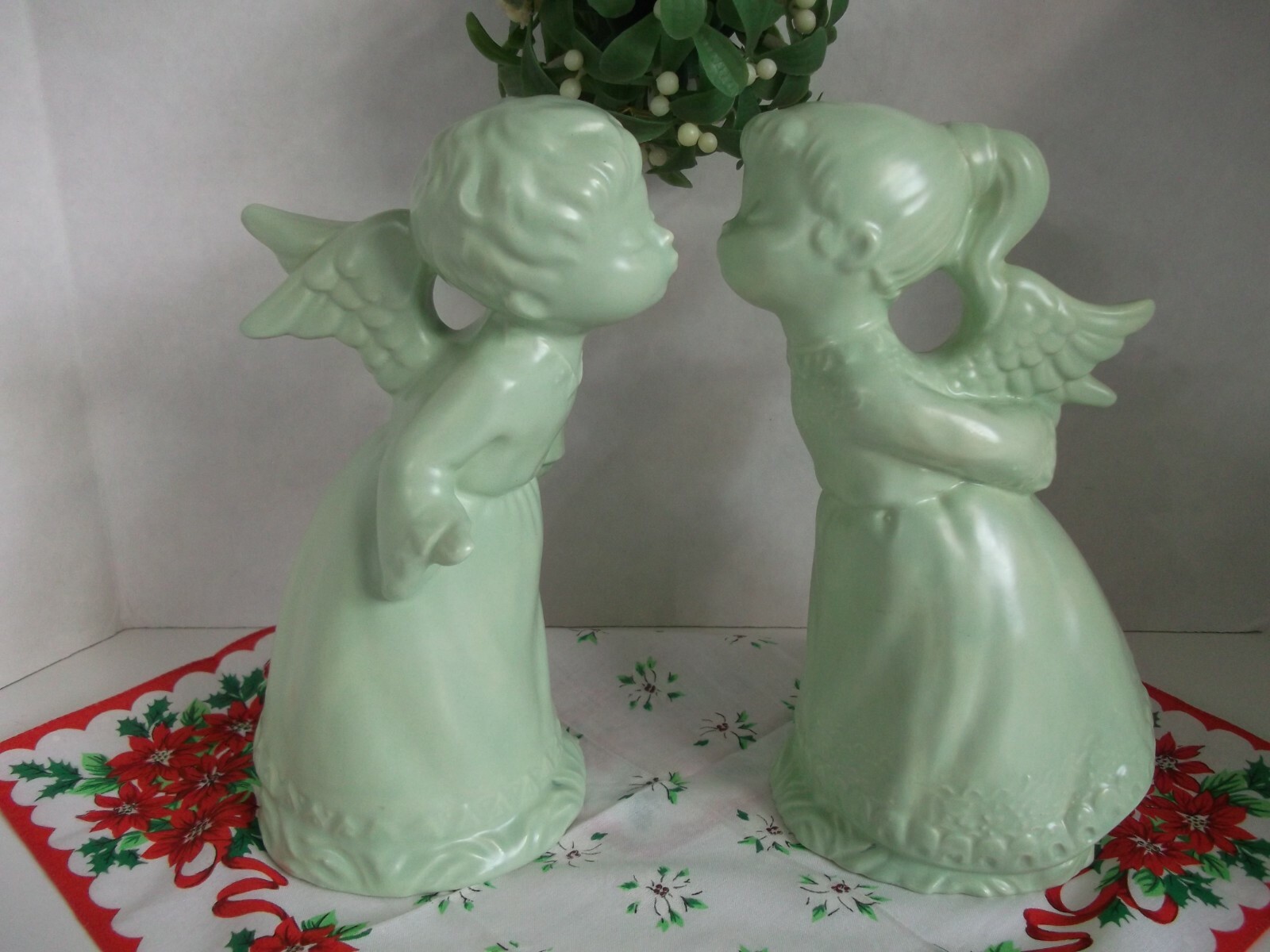 Vtg. Kissing Angels Figurines, Glossy Ceramic, Christmas Decorations~8.5 inches