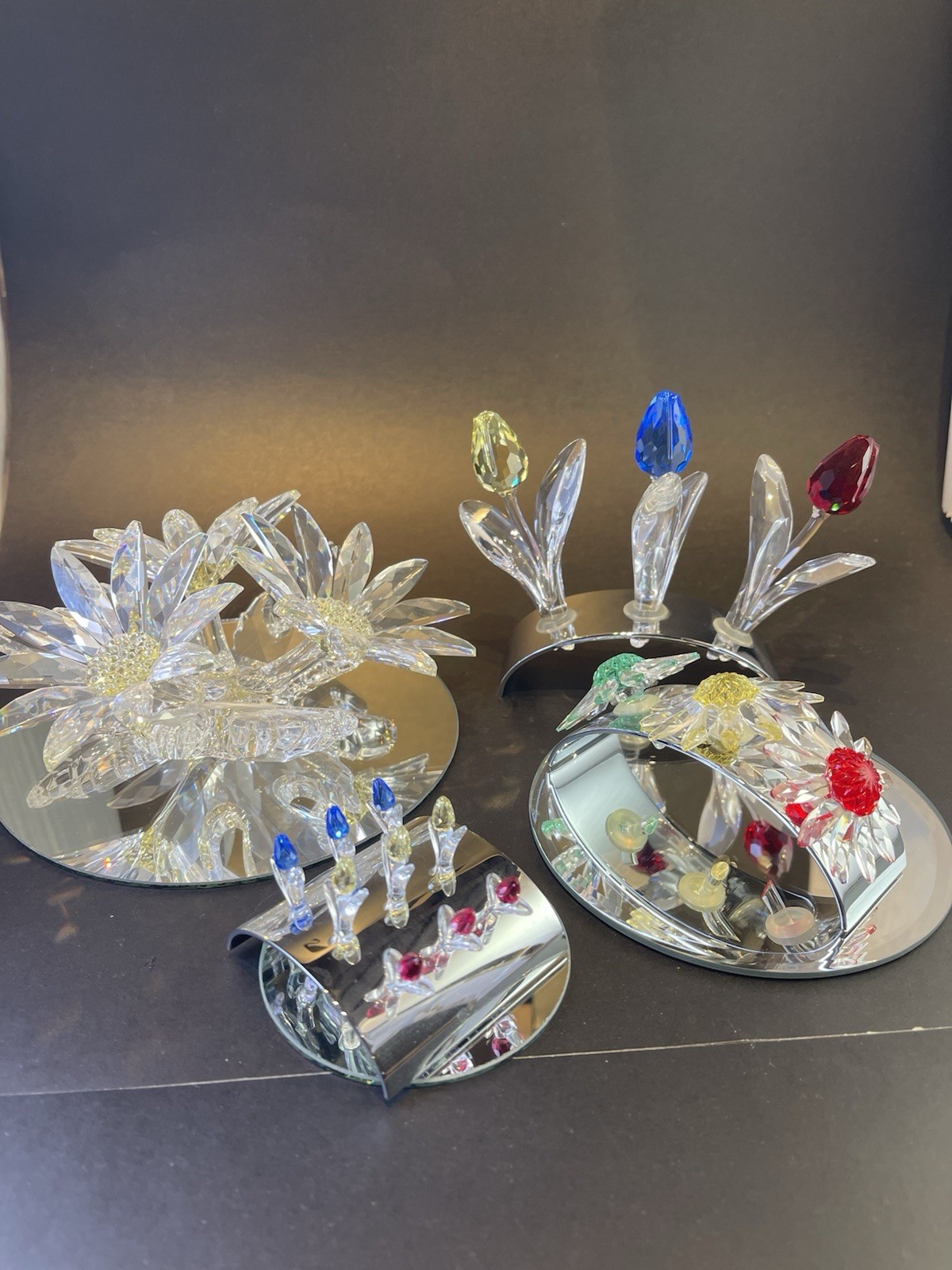 swarovski , maxi flower,lg&small tulip in stands&3 col daisies in stand,