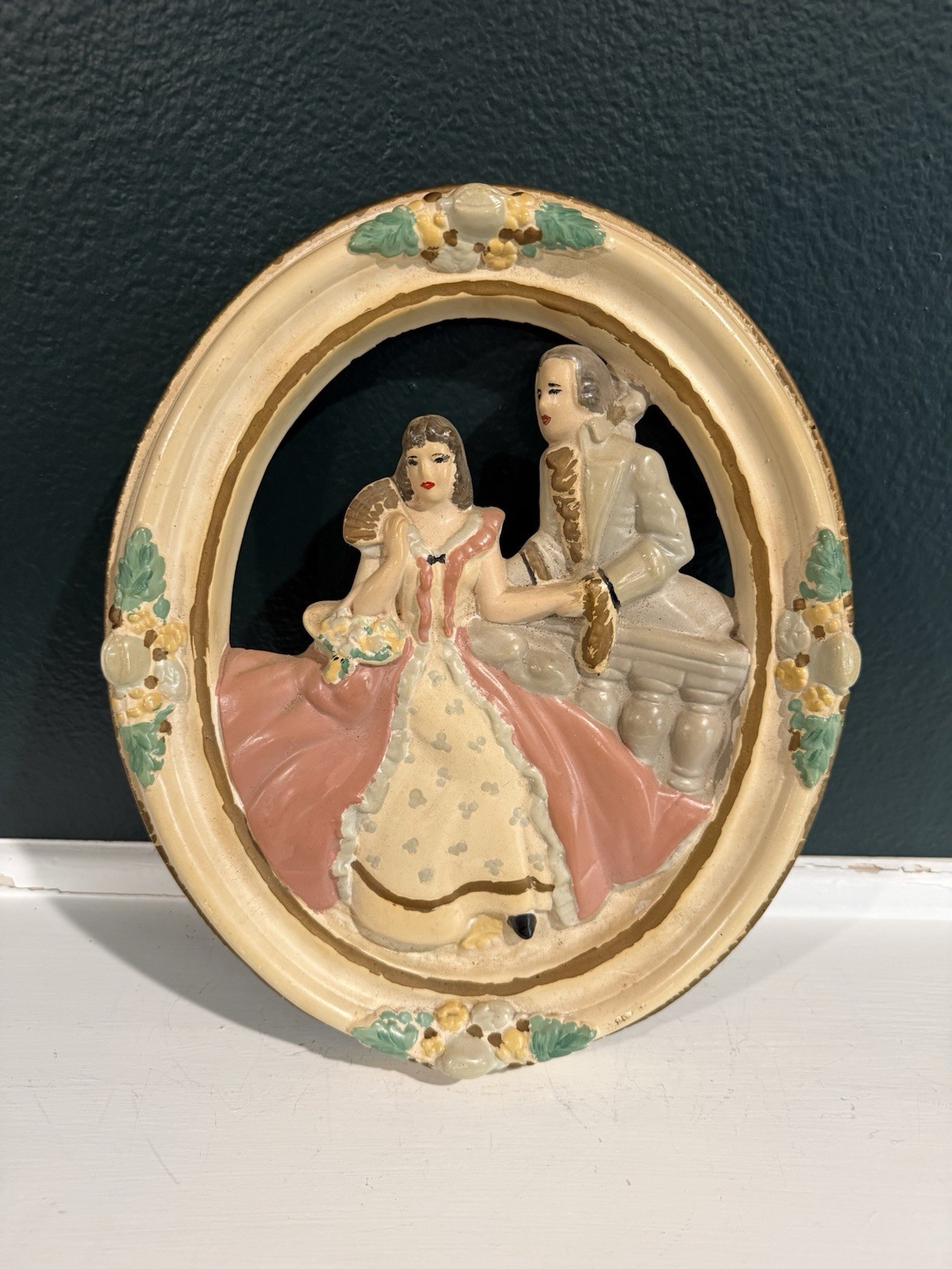Vintage Mid-Century Colonial Lady Man Chalkware Plaster Wall Plaque Decor
