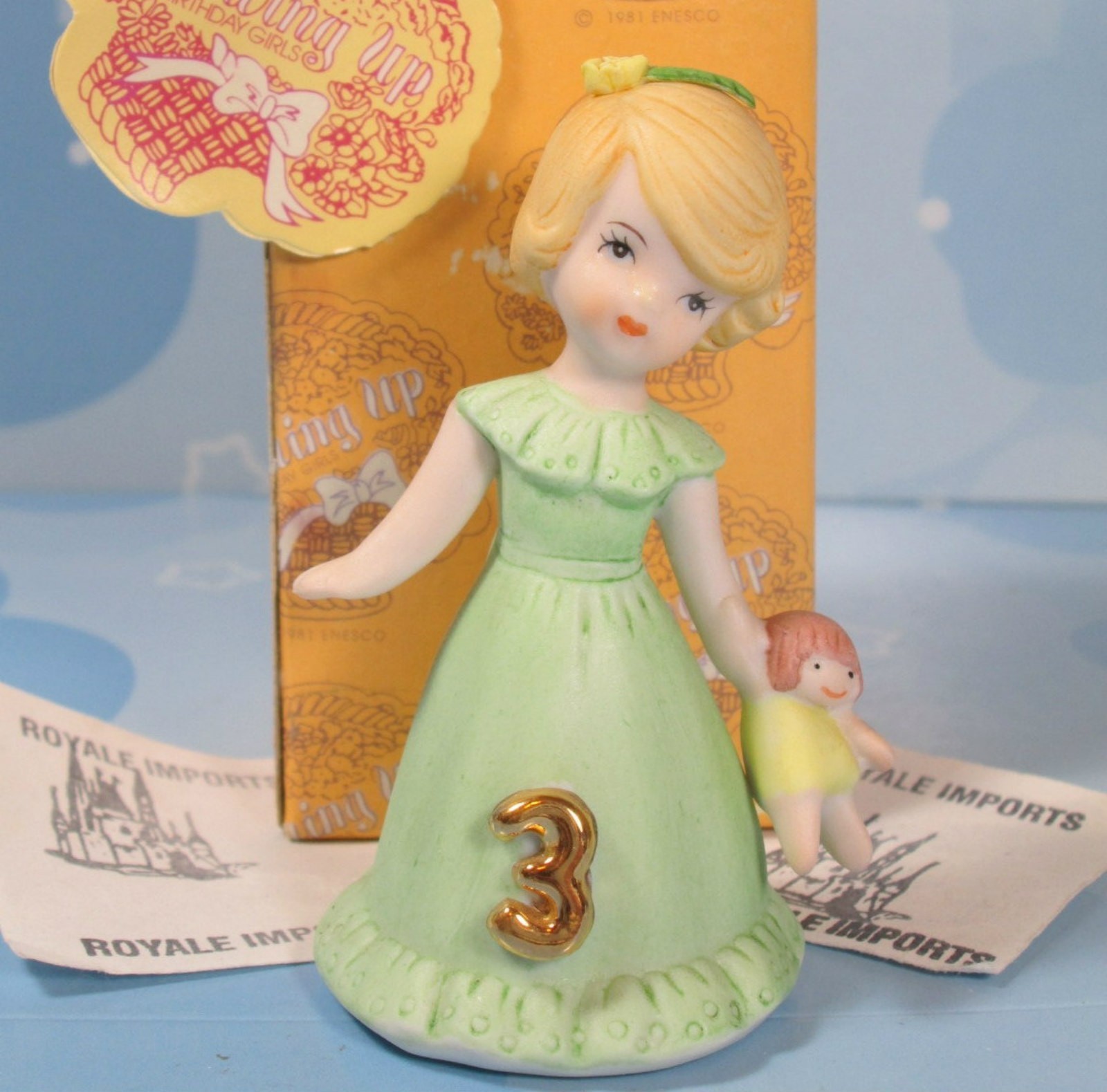Enesco Growing Up Girls Birthday Age 3 Blonde Green Dress E2303 In Box