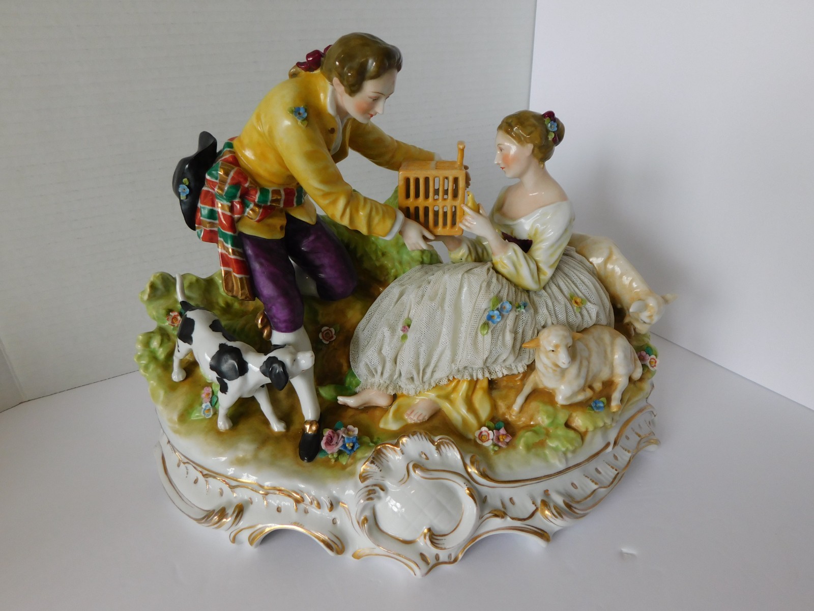 STUNNING ANTIQUE / VINTAGE CARL THIEME DRESDEN FIGURINE – COUPLE WITH BIRD CAGE