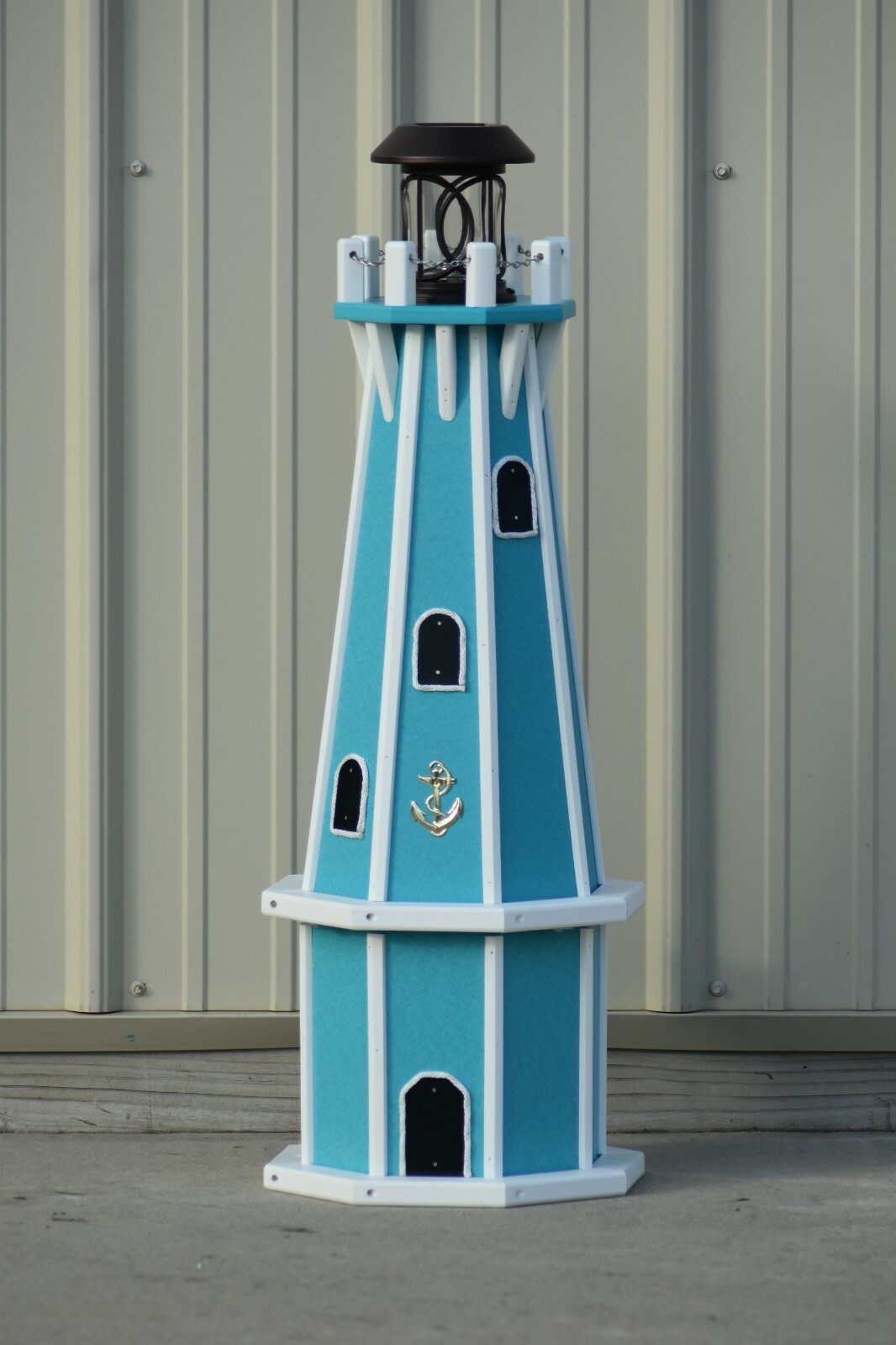 32″ Octagon, Solar Powered Poly Decorative Lighthouse, Aruba Blue/white trim