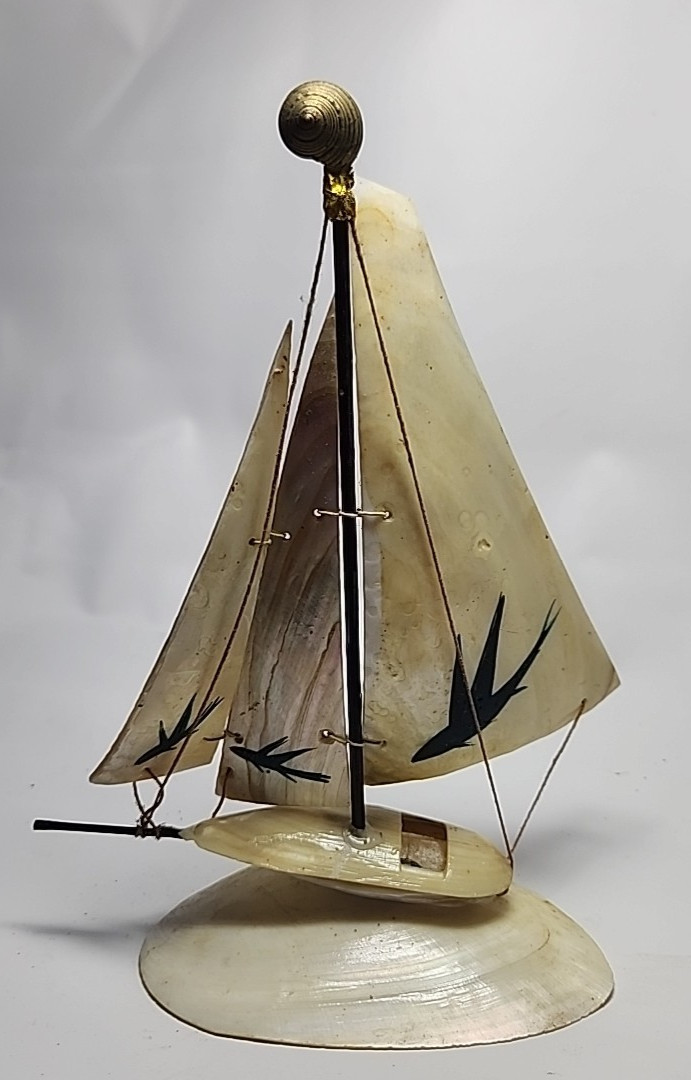 Bone Sailboat Figurine Black Beige Nautical Theme Sculpture 7″ tall Boat Sailing