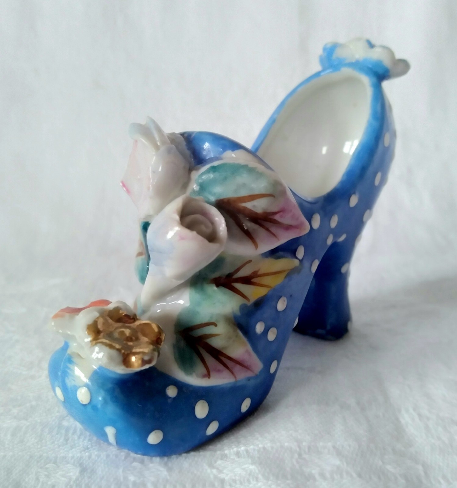 Vintage Bright Blue Polka Dot High Heel Shoe Hand Painted Leaf Flower Gold Japan