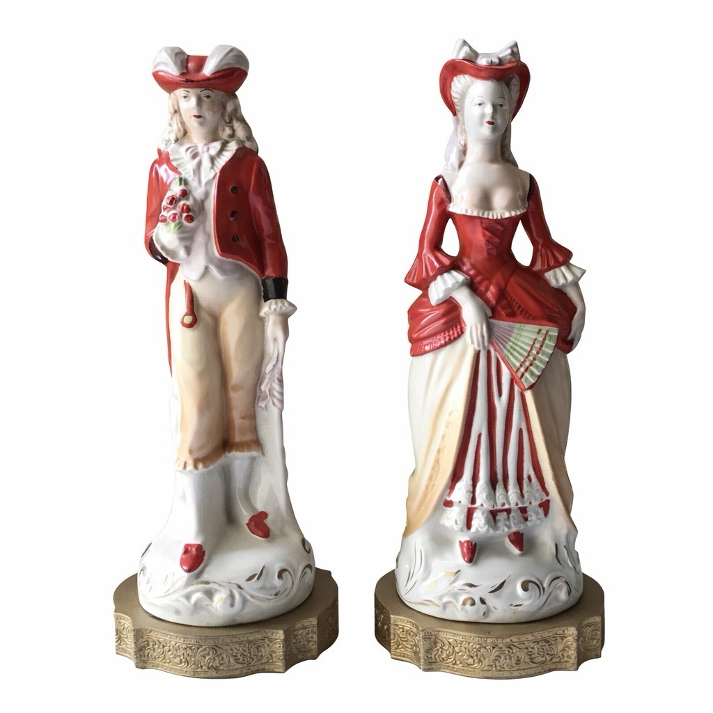Old VTG 17.5” T Pair of Porcelain Victorian Style Lady Statues on Brass Bases