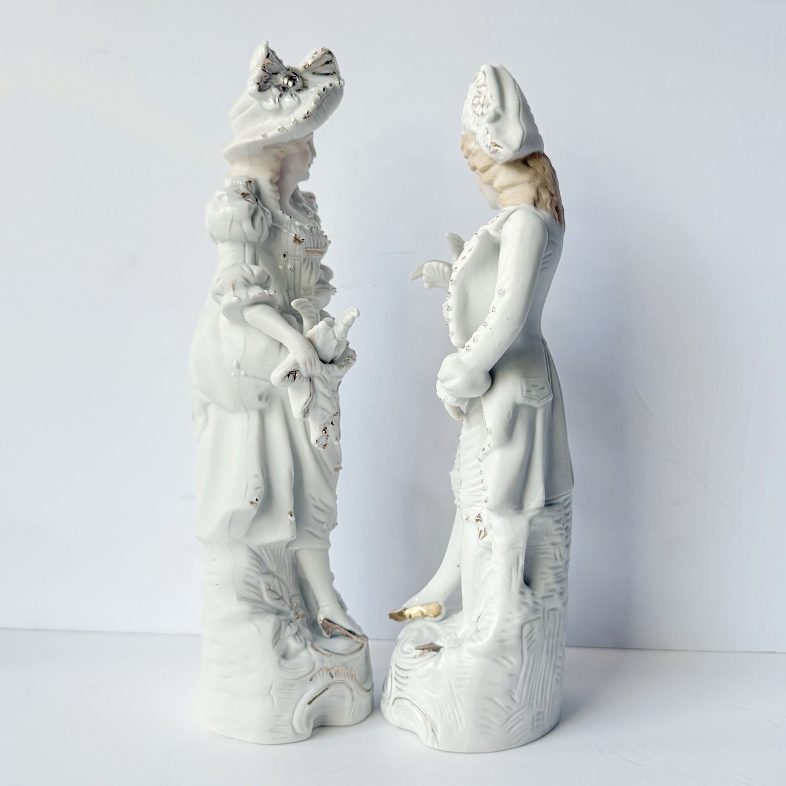 Vintage Pair of Rococo Baroque Couple Figurines Doves White Bisque Porcelain 12”