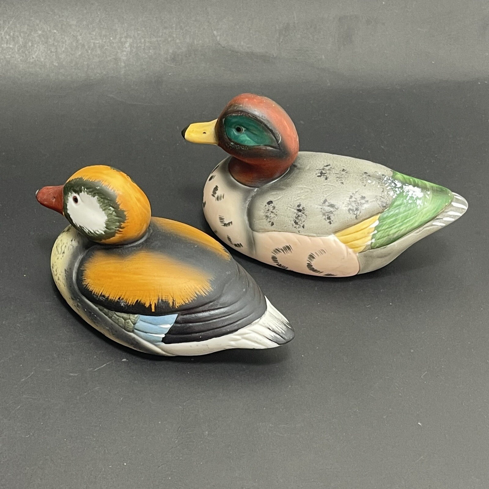Pair Vintage Enesco Porcelain Decoy Ducks Mallard 1984 1985 Set Of 2