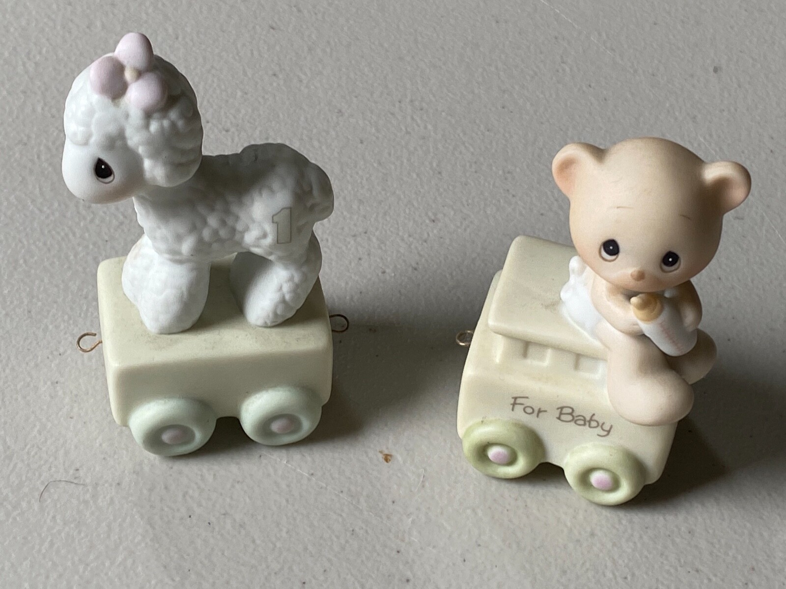 2 Precious Moments Animals on Wheeled Carts Bear Cub & Lamb