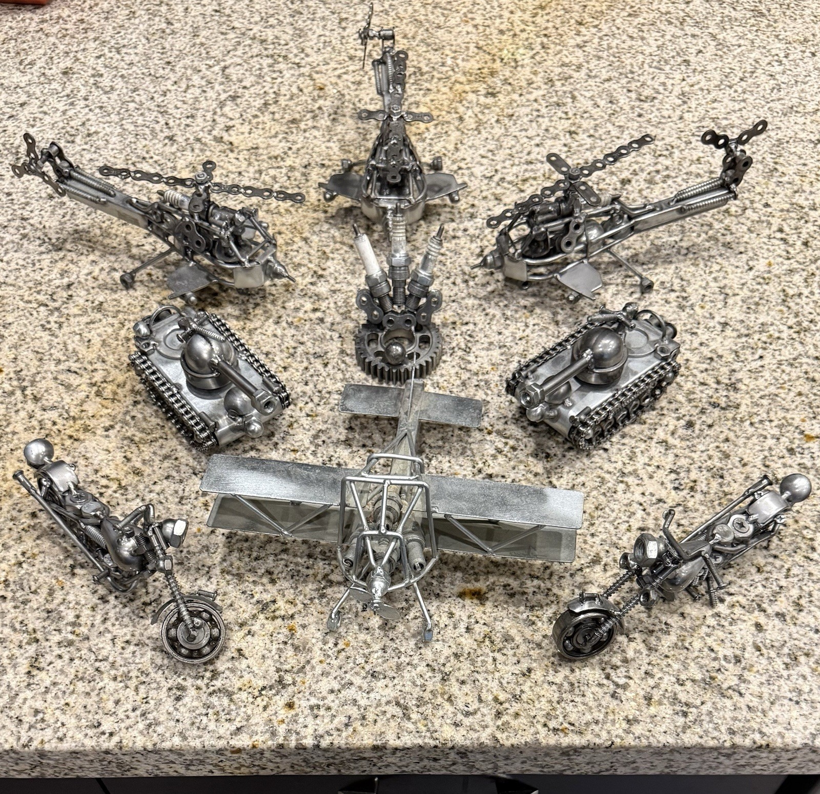 Metal Vehicle Figurine Lot Tank Motorcycle Airplane Helicopter 3D Metallic