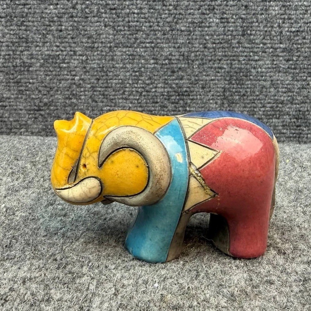 African Raku Pottery Elephant Figurine Handmade South Africa Folk Art
