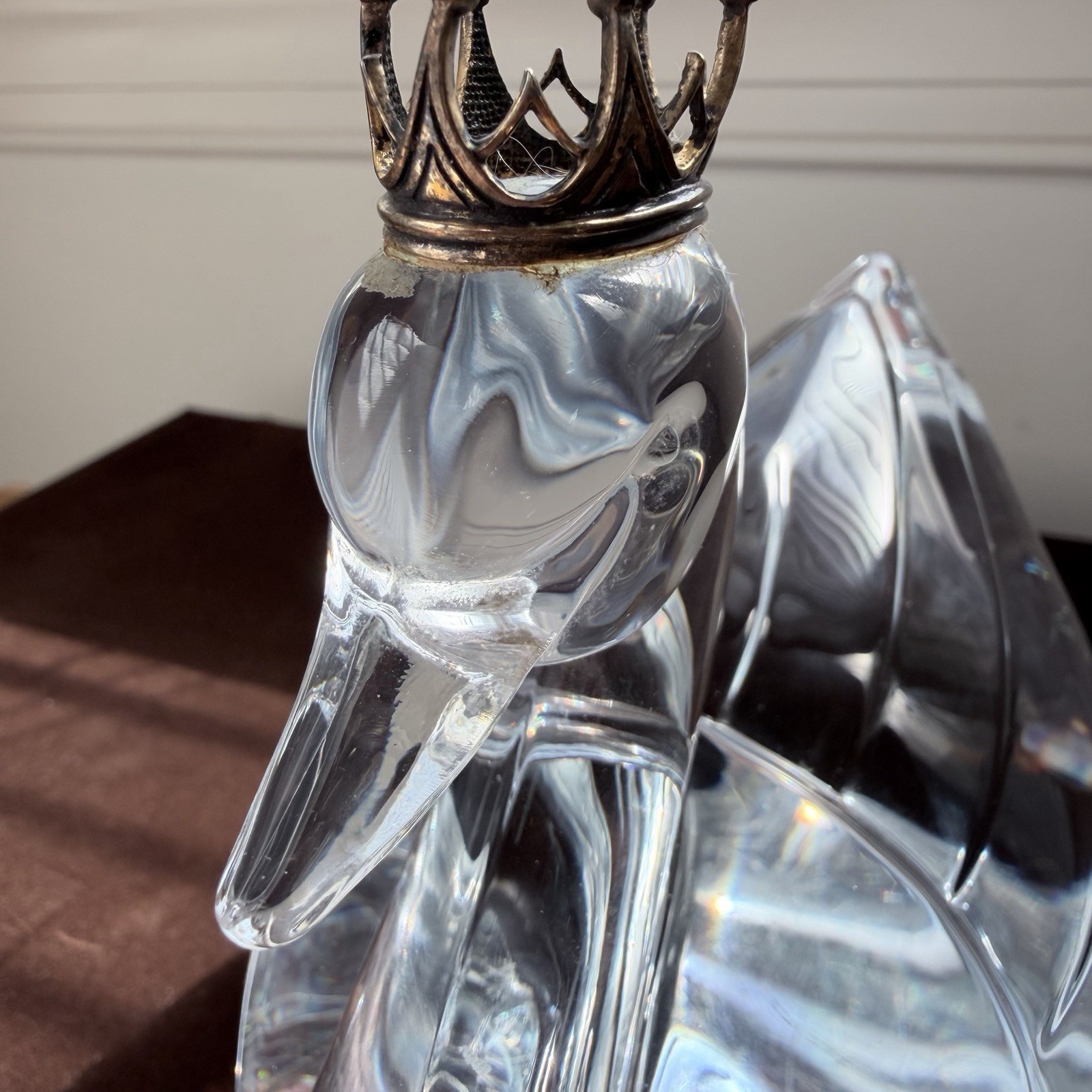 Lead Crystal Swan Figurine With Golden Crown Statue, Made in France