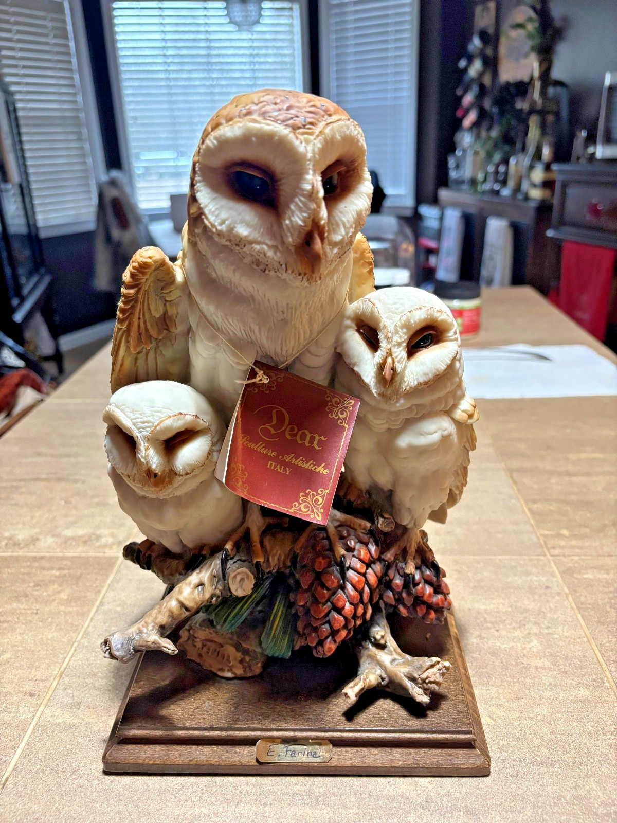 RARE E. Farina Dear Barn Owl w/Owlets Statue on Wood Bas NWT 1989