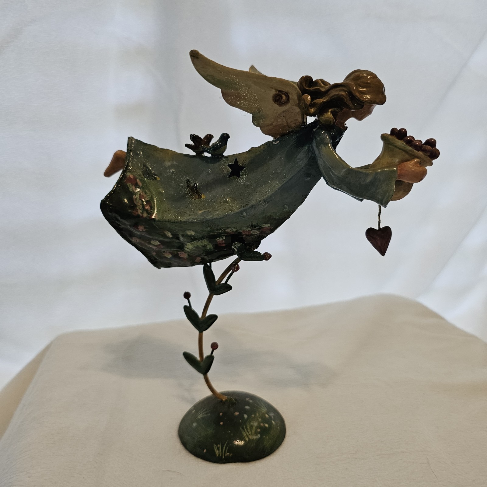 Seed Fairy Statue Metal Painted Angel Blues And Greens 7×8 In.