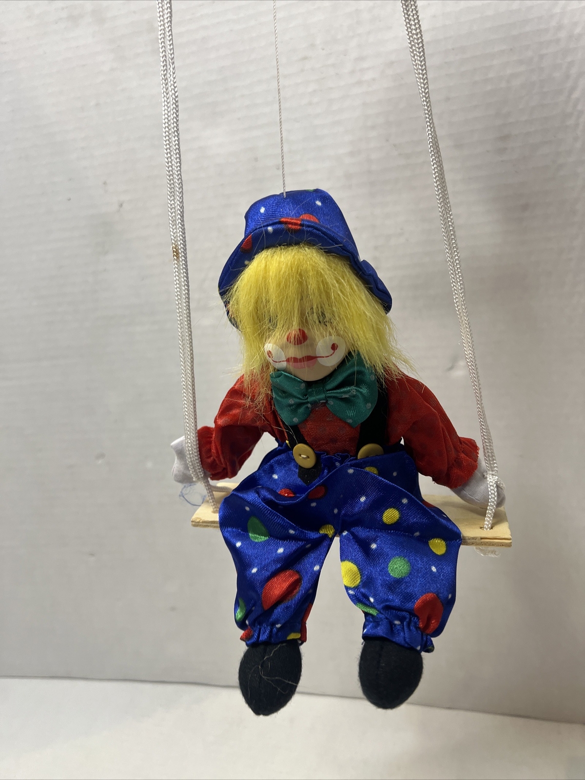 Vintage Clown Doll On A Swing Porcelain Face, Yellow Hair, Bright, Rare