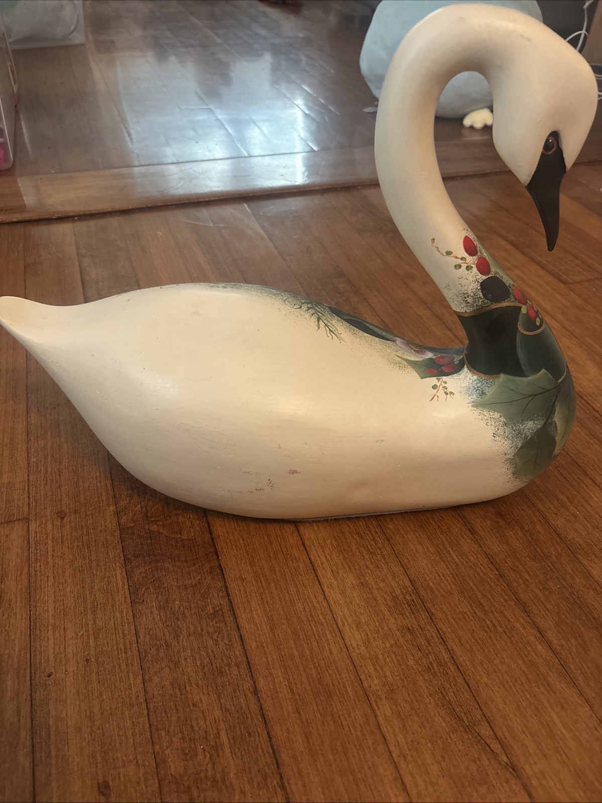 Vtg Decorative Folk Art Wooden Swan Poinsettia Hand Painted Artist Signed Heavy