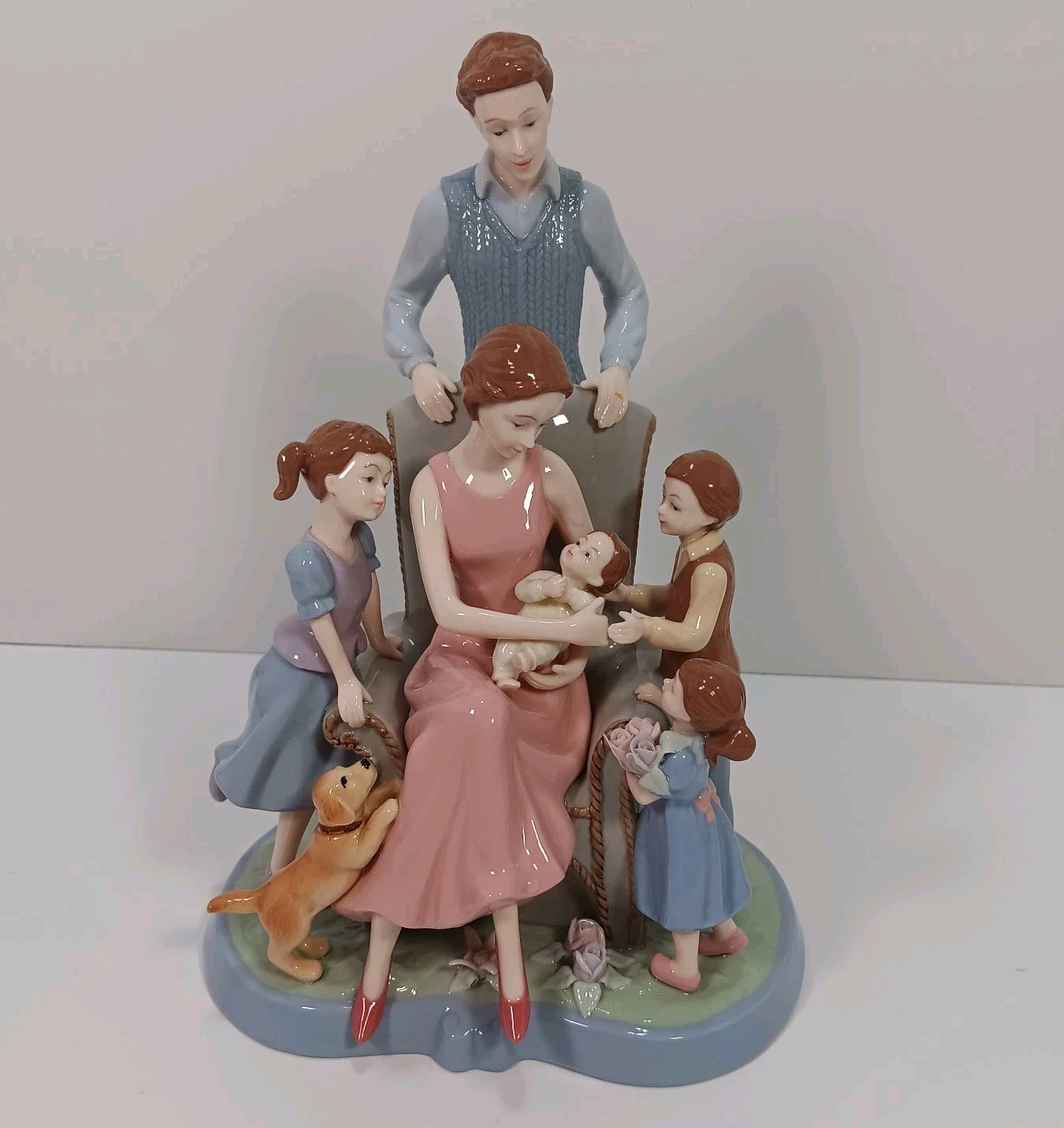 LARGE Family 4 Children Baby & Dog 10″ Porcelain Figurine Statue~ Lladro Style
