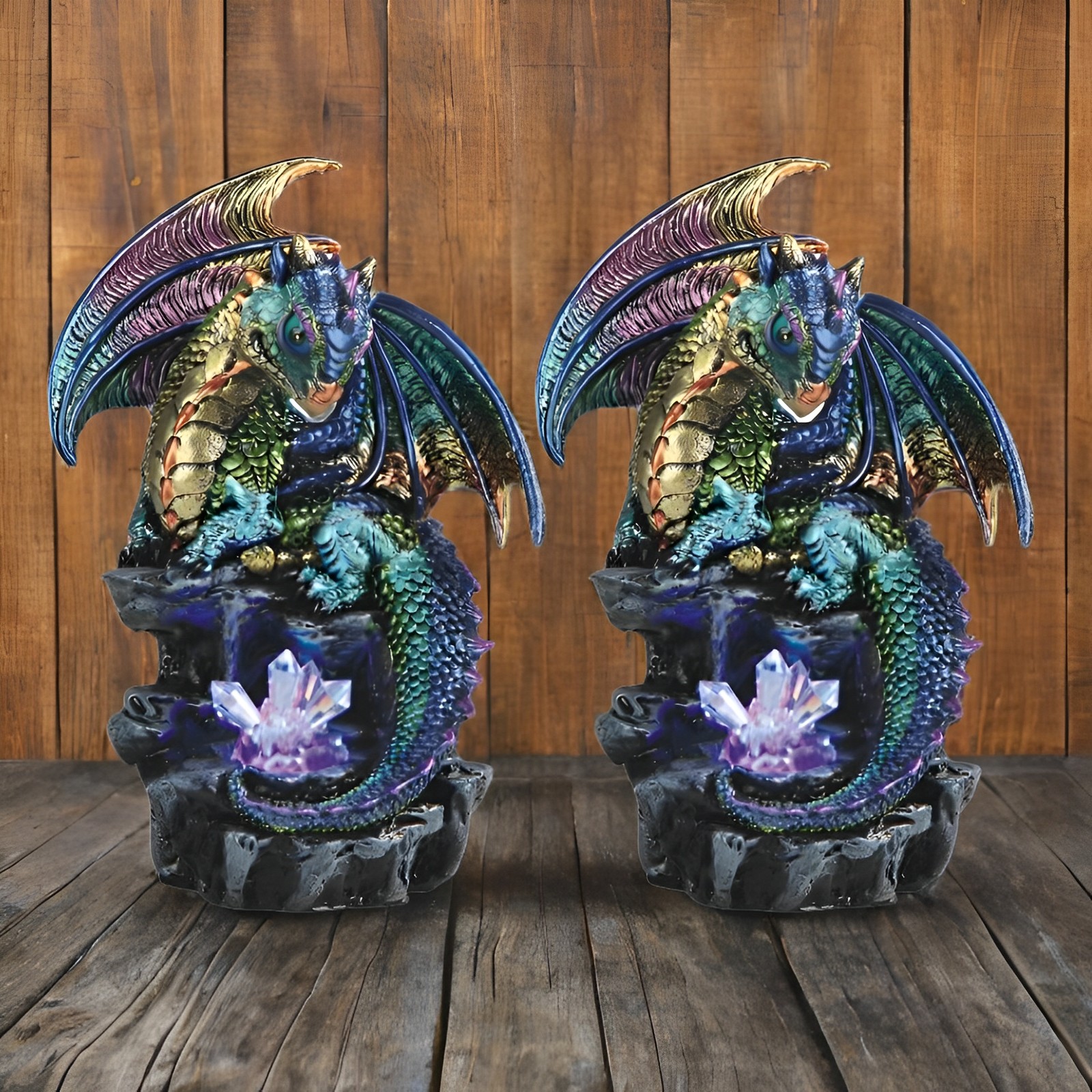 2-PC Gift Set 6.75″H Dragon on Faux Crystal Stone with LED Light Figurine