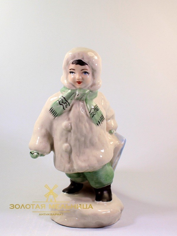 Vintage USSR Porcelain Figurine Ukraine Polonne 50′ Boy with a Sled