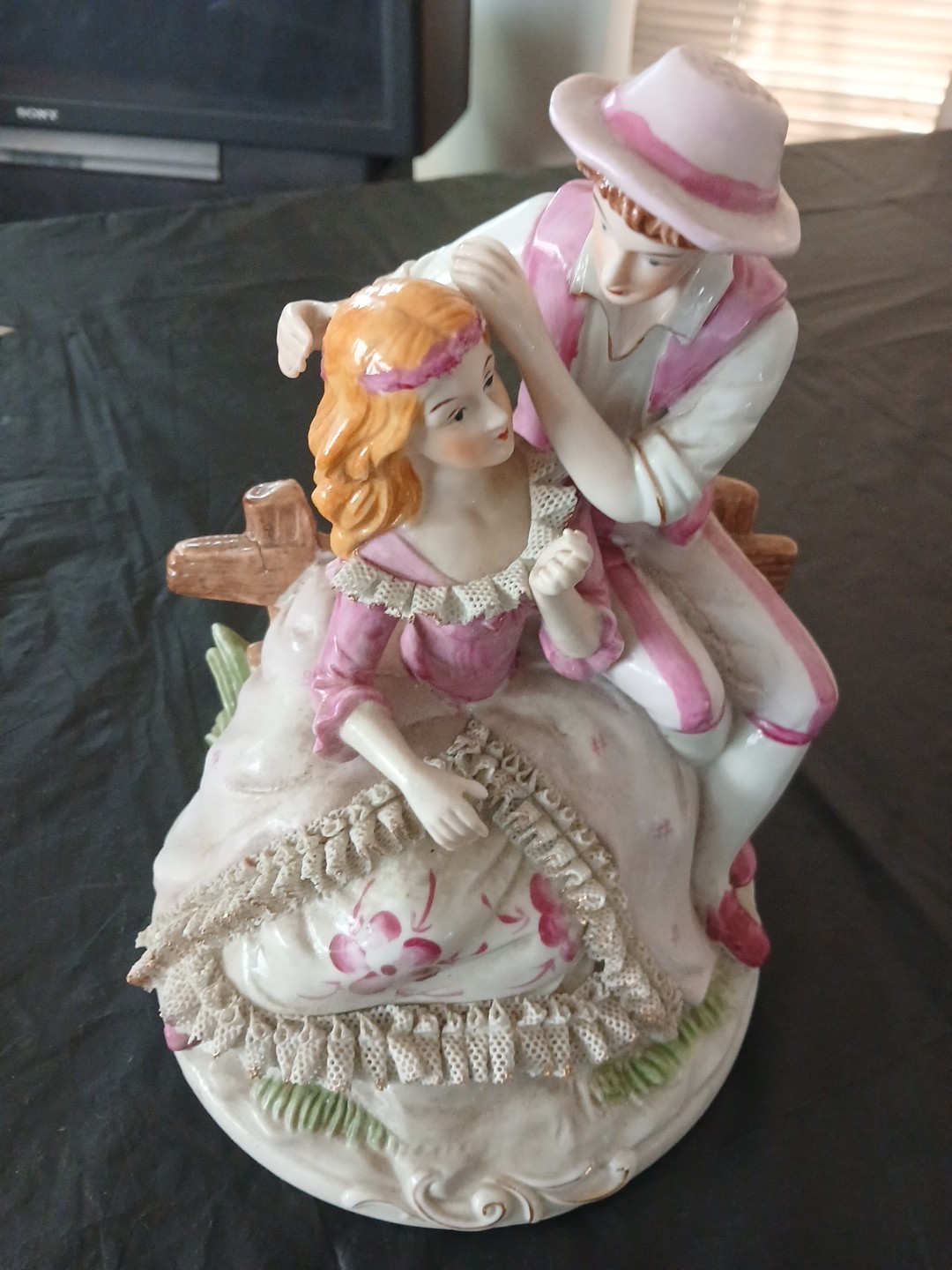 Porcelain Hand Painted Victorian Couple Wear Purple W/Golden Edge Lace Figurine