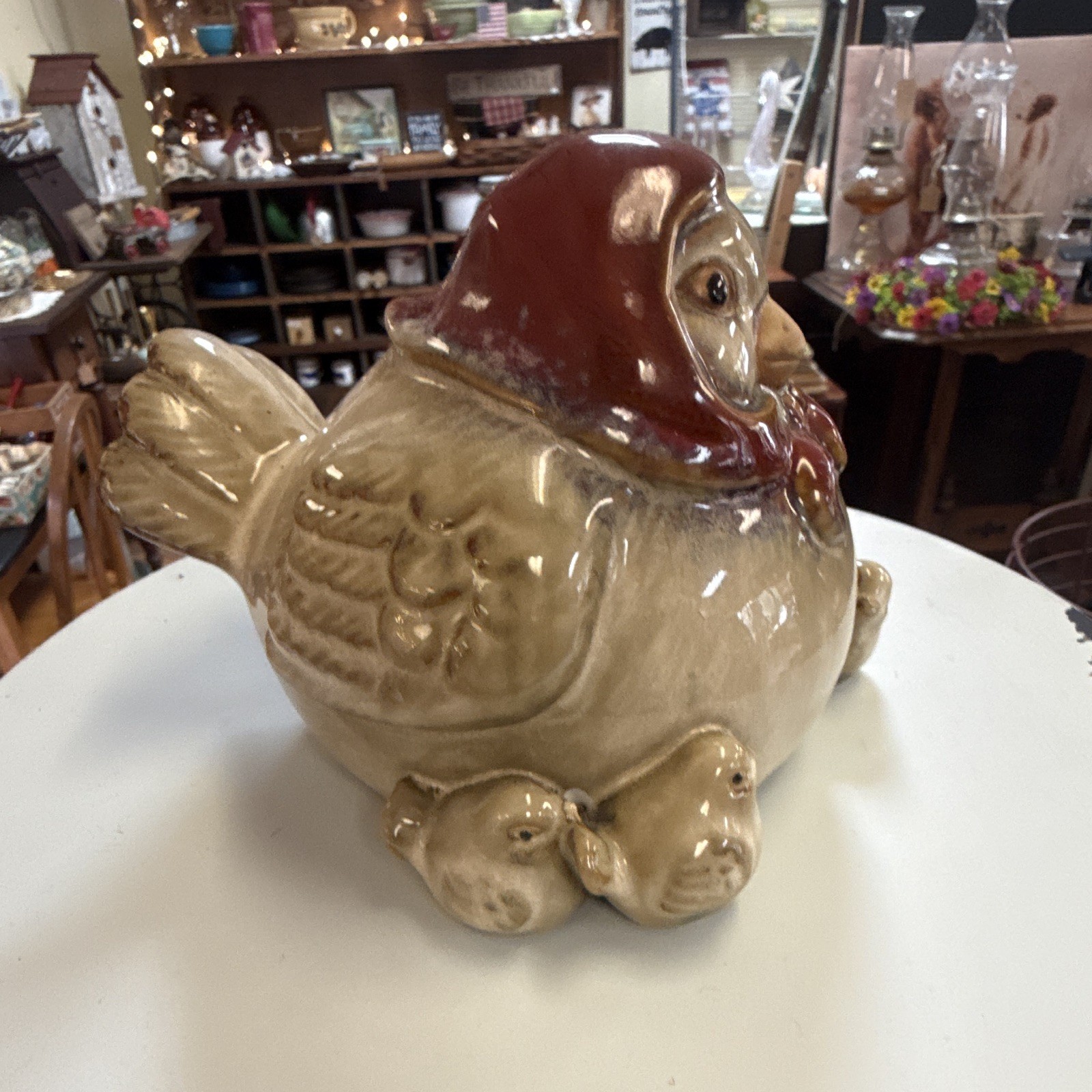 Ceramic Glazed Bird Figurine Beige Brown Red Farm Animal Decor Collectible
