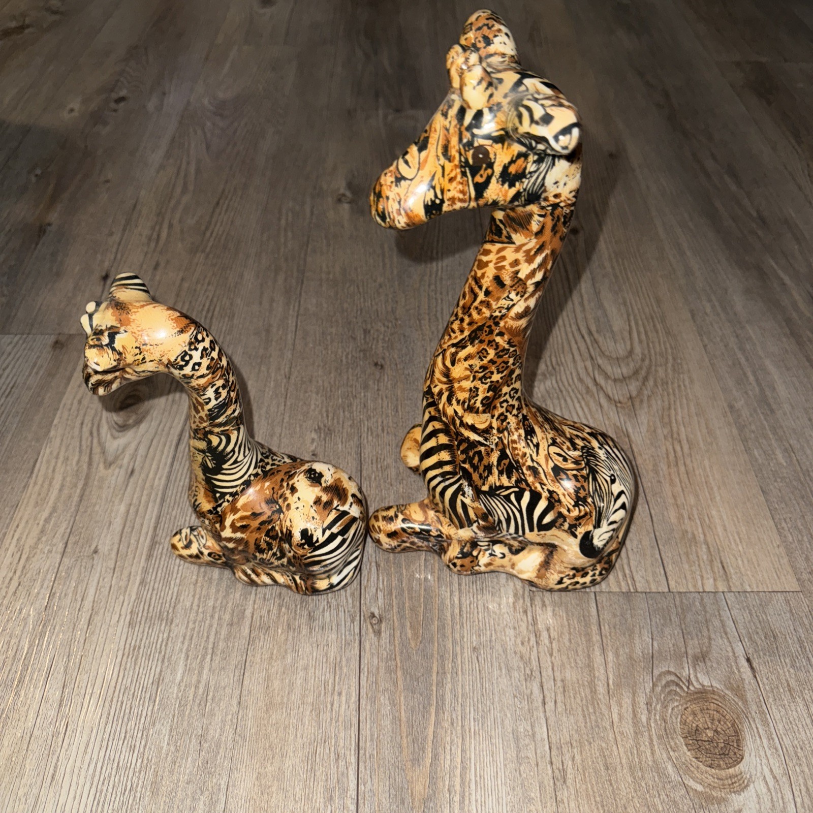 Vintage La Vie Giraffe Patchwork Animal Print Ceramic Figurines 11” & 7” Set