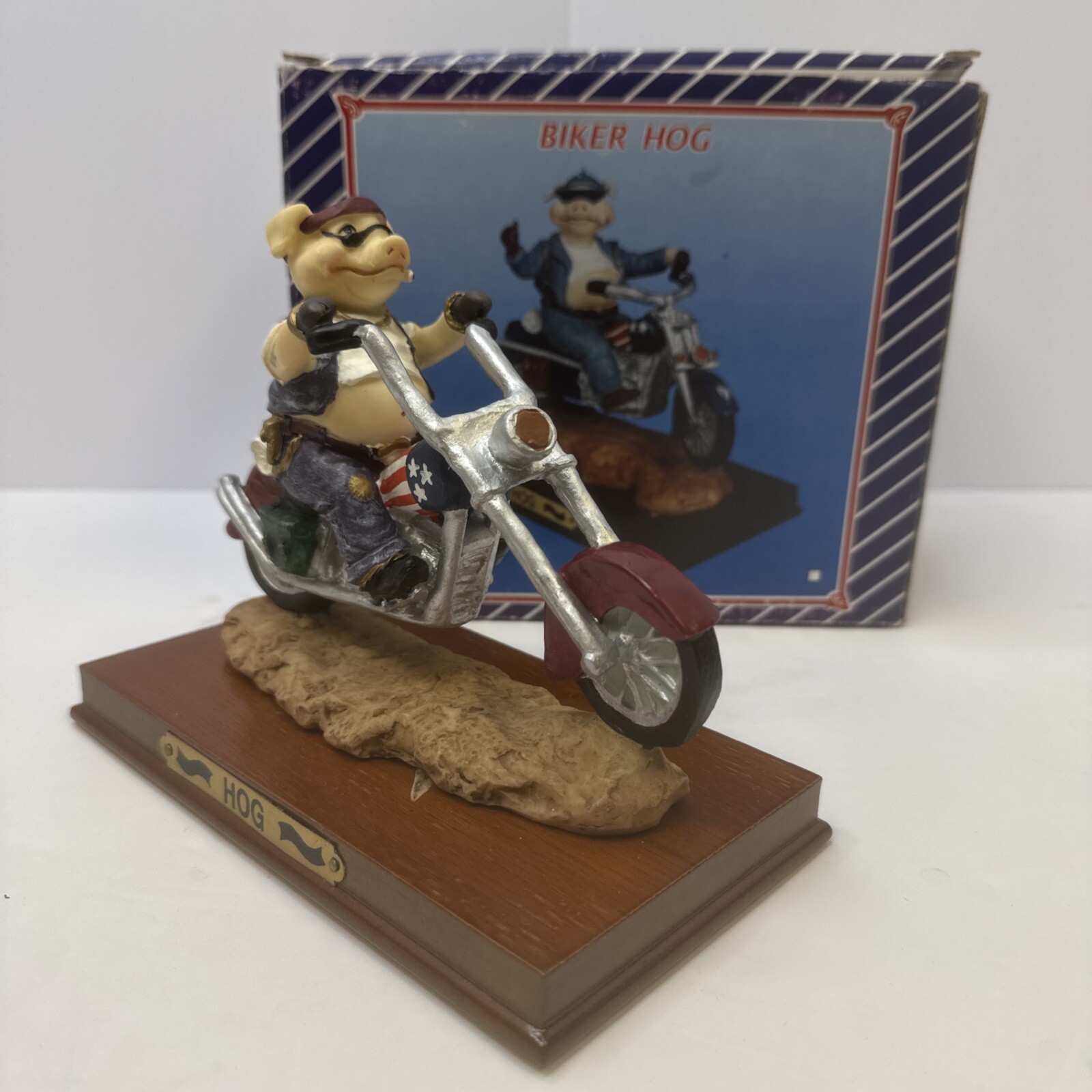 All American Hog On A Motorcycle Harley Davidson Figurine Statue Wood Base Box