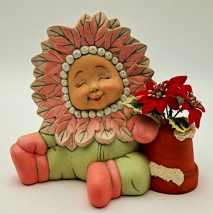 Baby Flower Poinsettia Figurines Set of 2 Hand Painted Initials Signed READ HTF
