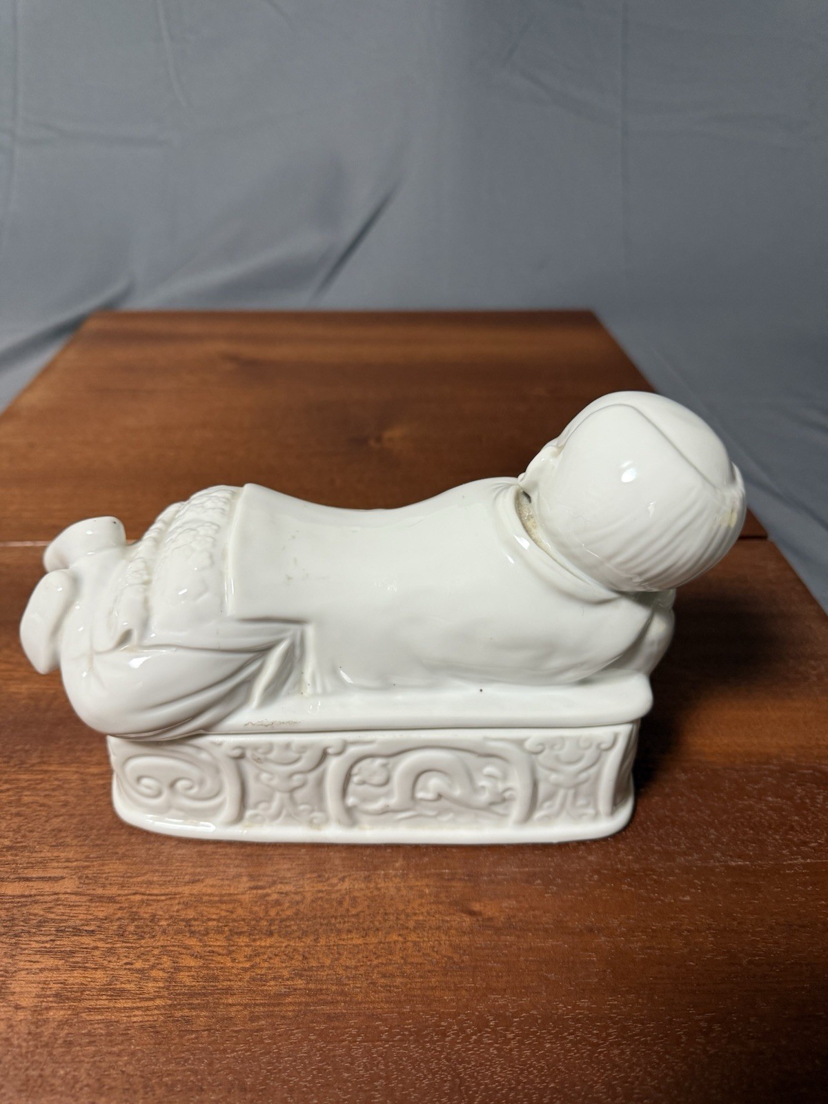 White Porcelain Reclining Child Figurine Trinket Box Asian Style Ceramic