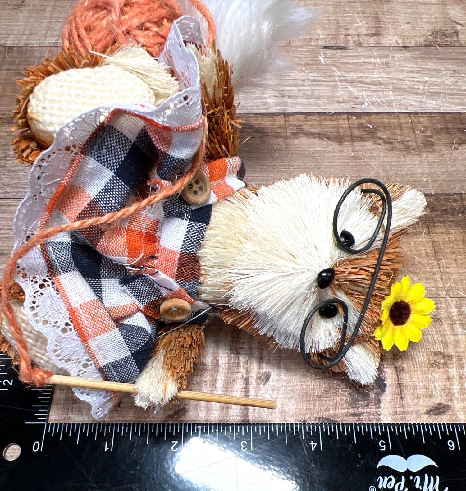 Handcrafted Woodland Hedgehog Figurine With Decorative Plaid Dress & Sunflower