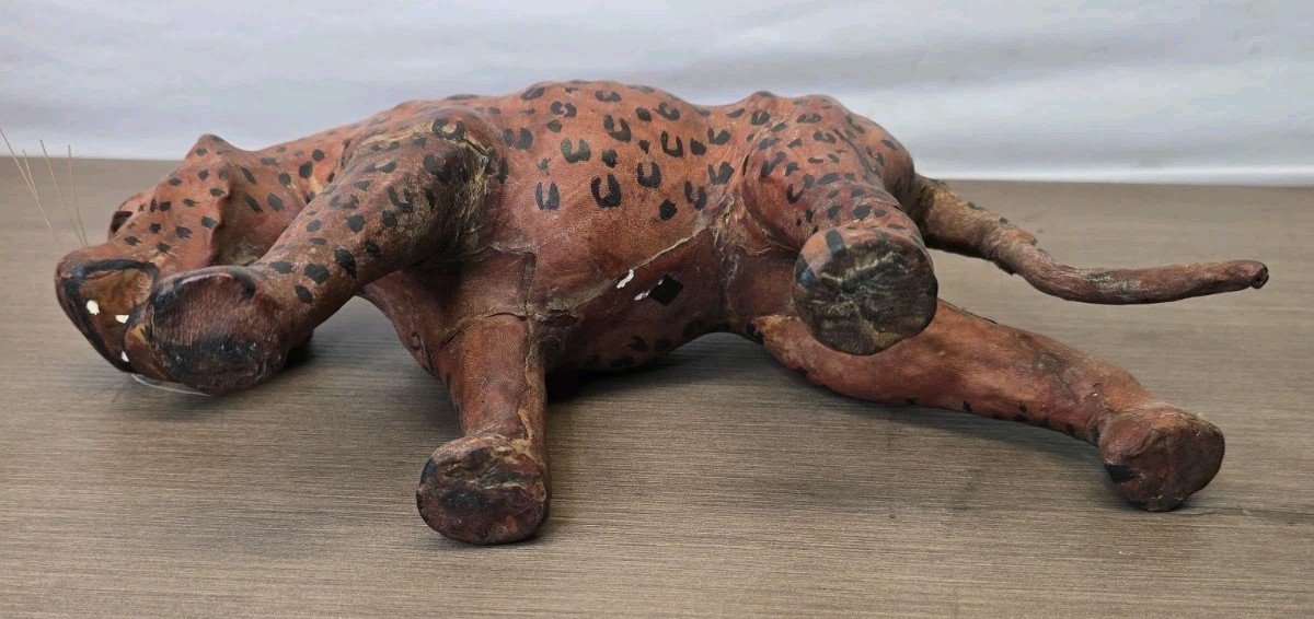 Vintage Leather Wrapped Jaguar Leopard Panther Cheetah Whiskers Teeth Glass Eyes