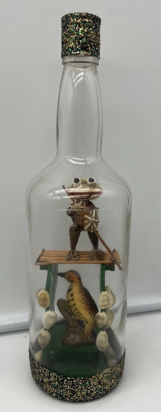 Vtg Whimsey Bottle Folk Art Glass Whimsy Animals Display Frog Bird