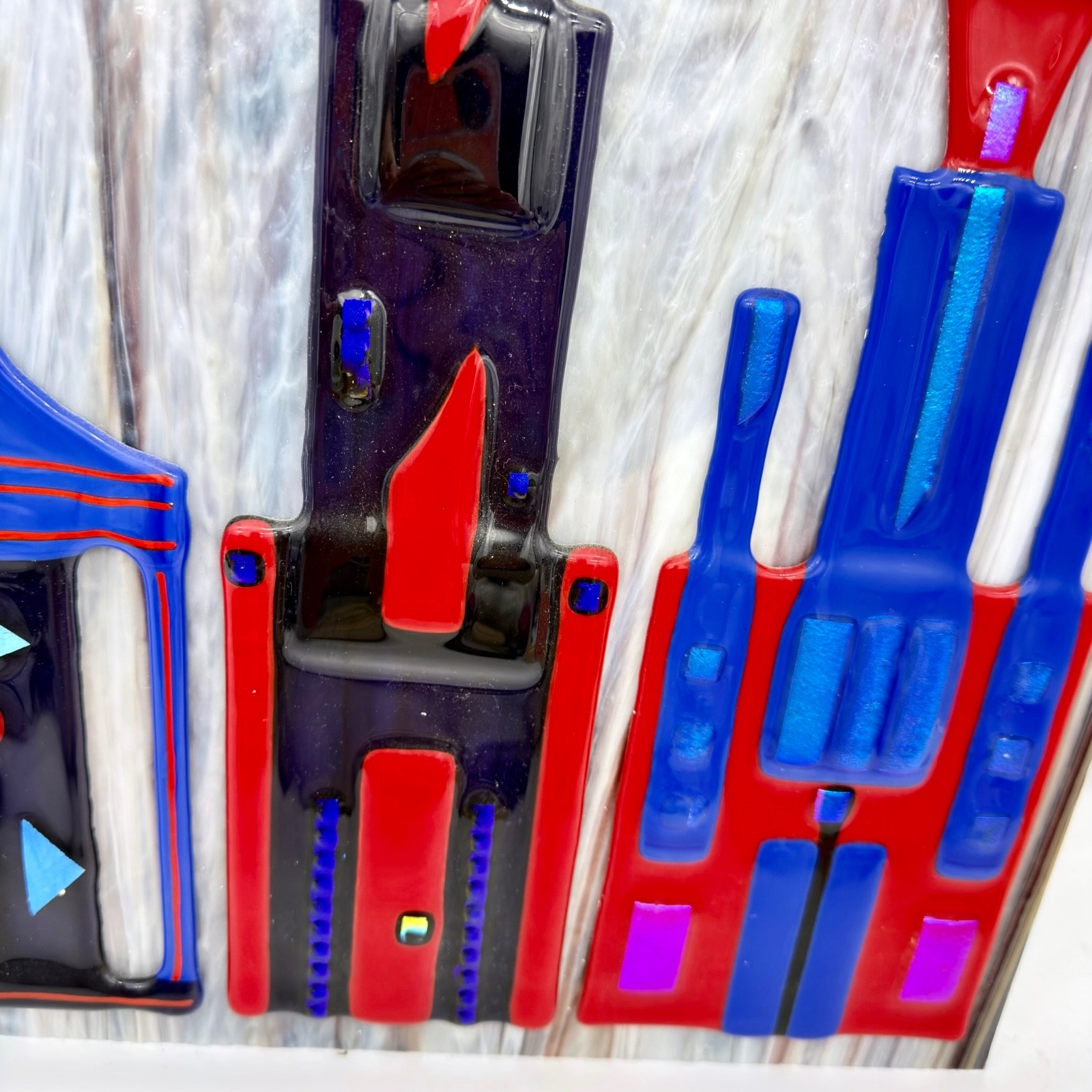 Fused Glass Wall Art Panel 24×16 Modern Abstract Geometric Cityscape Houses Plaq