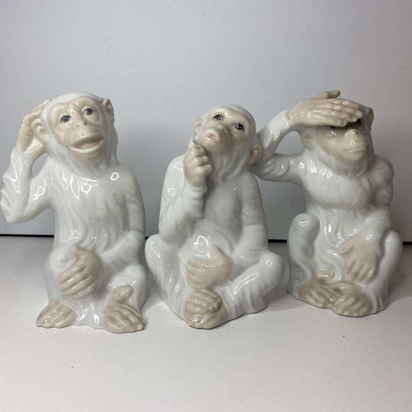 Vintage Tengra Monkey Figurine Porcelain 5 1/2” White Hand Painted 